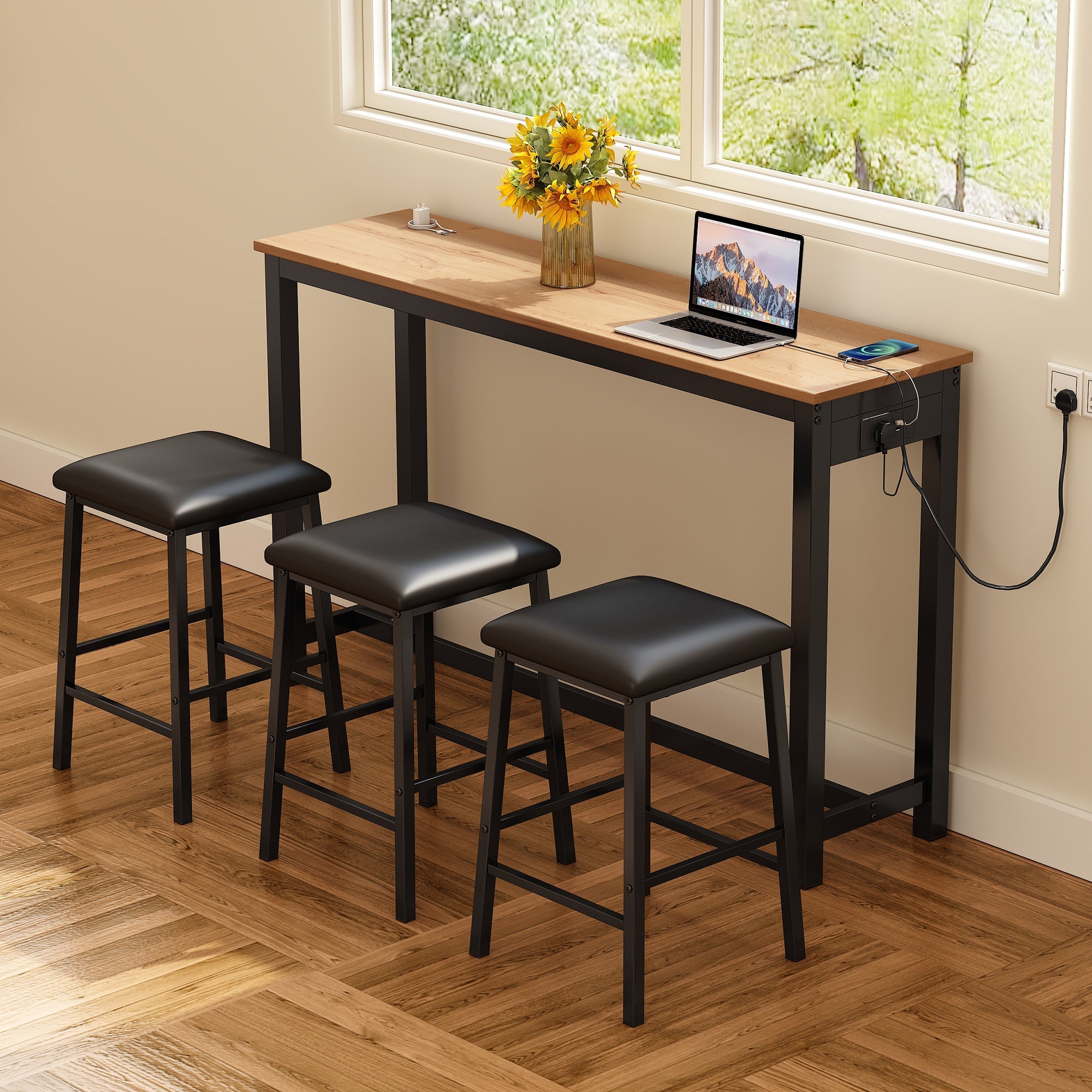 Industrial Bar Table Set with 3 Chairs, Counter Height Dining, Black + Oak