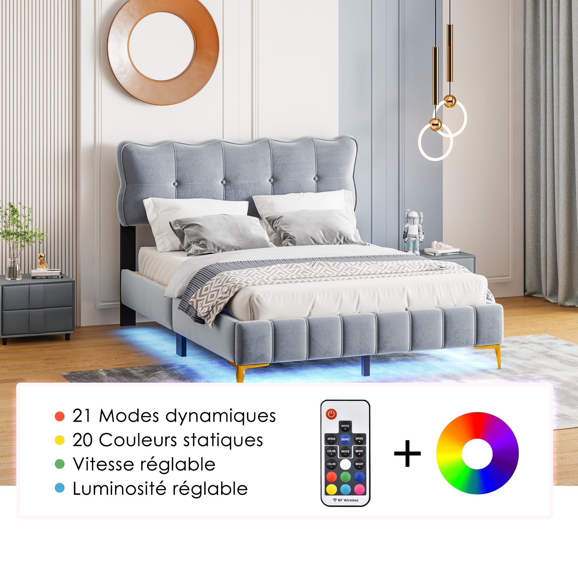 Upholstered Bed, 140x200cm Double with LED & Slatted Frame, Velvet Fabric, Grey