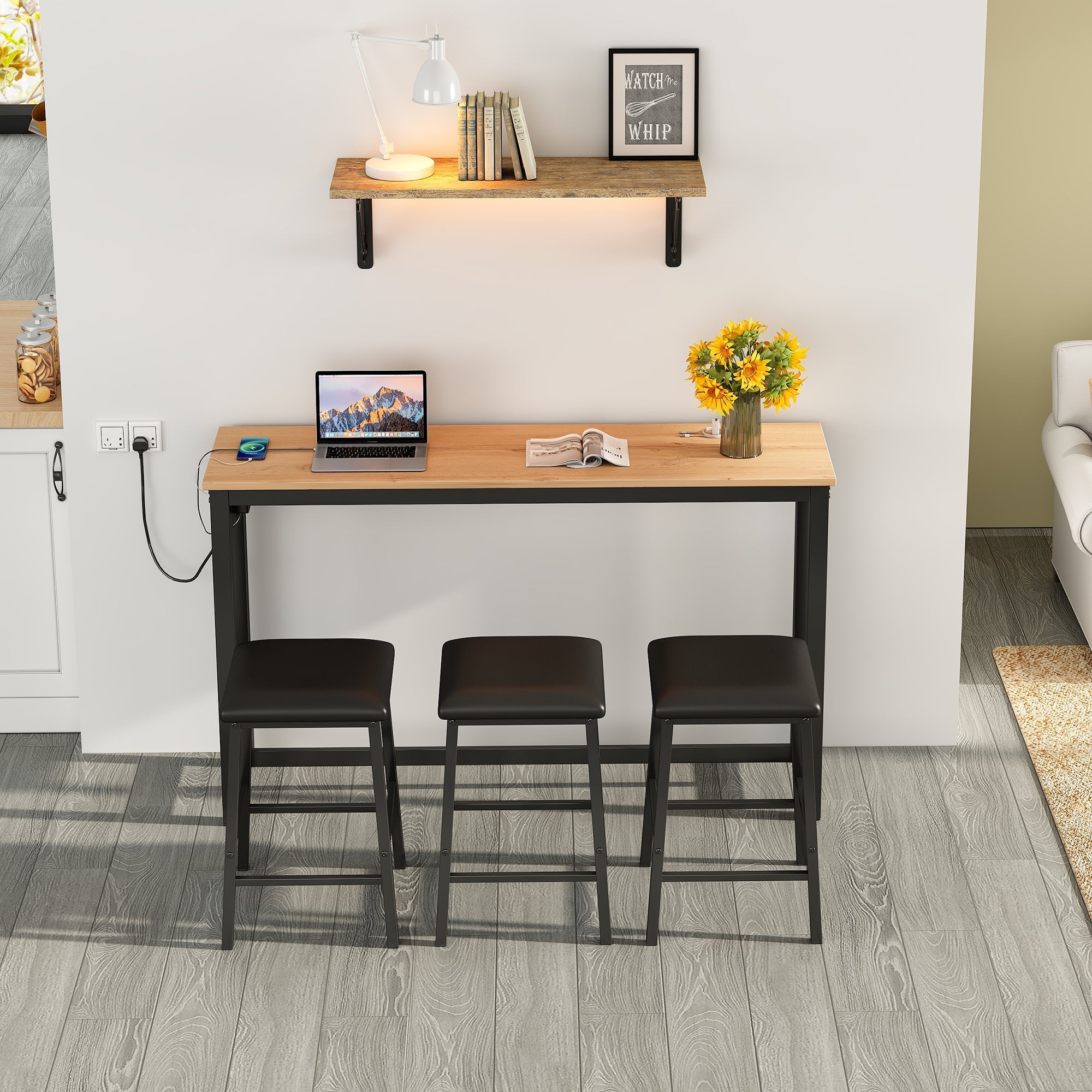 Industrial Bar Table Set with 3 Chairs, Counter Height Dining, Black + Oak