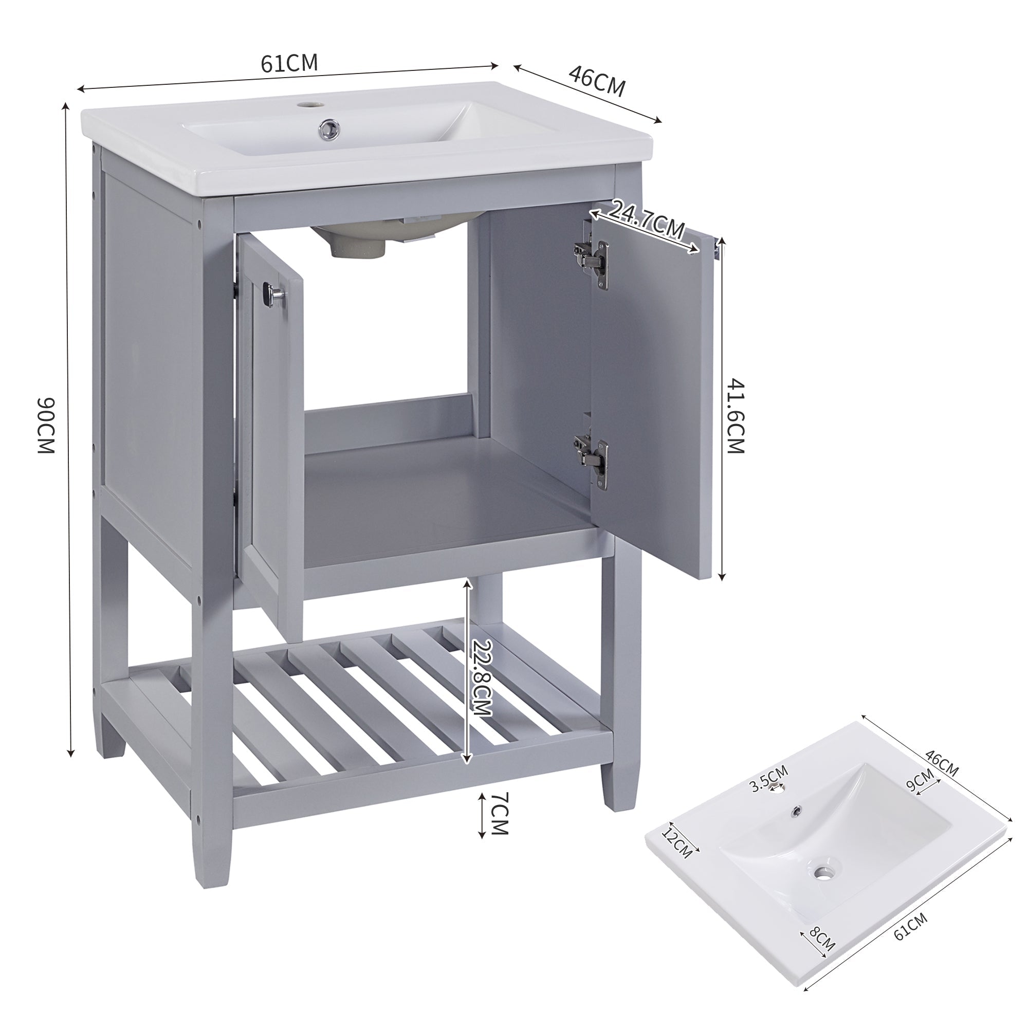 Bathroom Vanity Unit Base Cabinet 60cm Ceramic Washbasin Light Grey