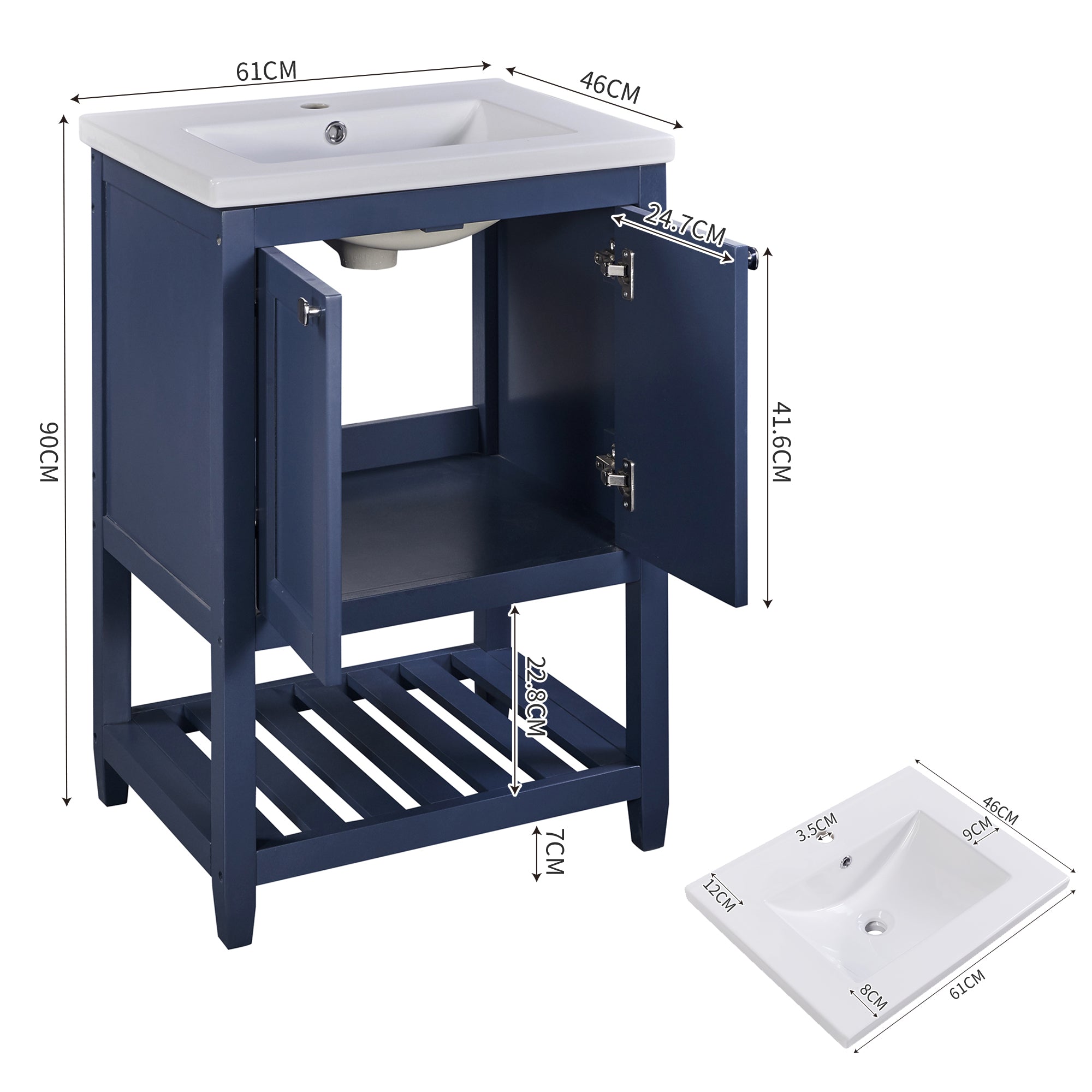 Bathroom Vanity Unit with Base Cabinet 60cm Ceramic Washbasin, Blue