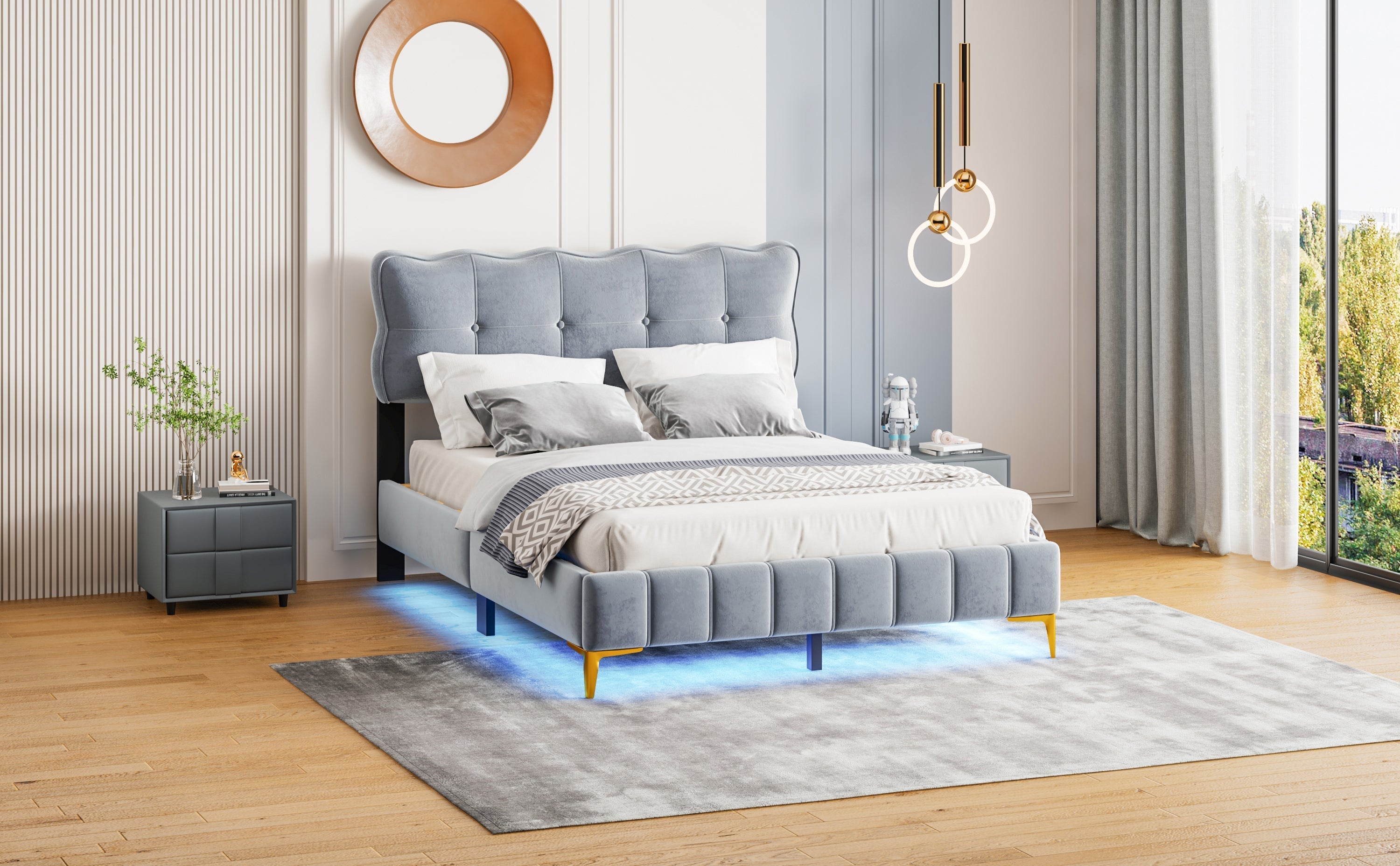 Upholstered Bed, 140x200cm Double with LED & Slatted Frame, Velvet Fabric, Grey