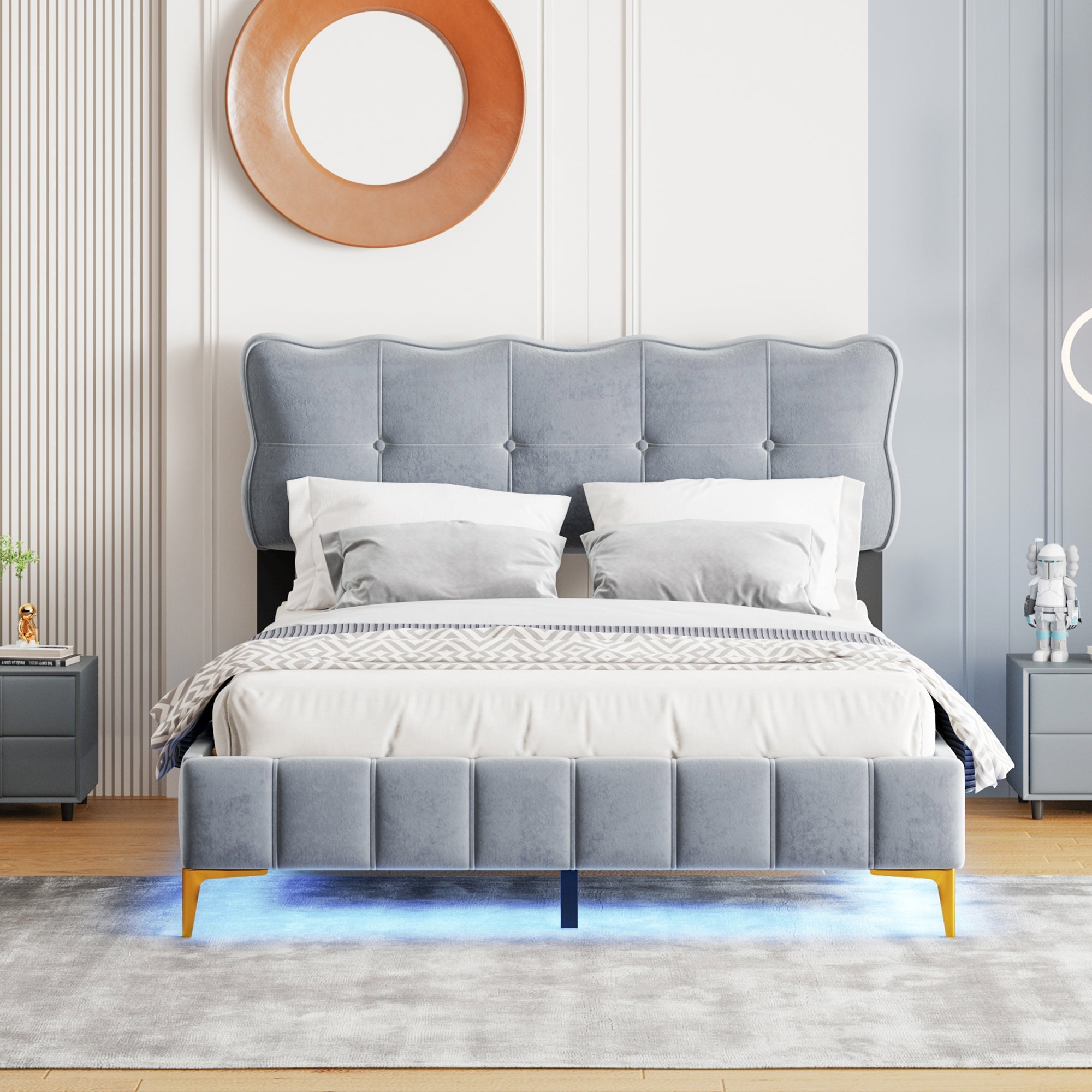 Upholstered Bed, 140x200cm Double with LED & Slatted Frame, Velvet Fabric, Grey