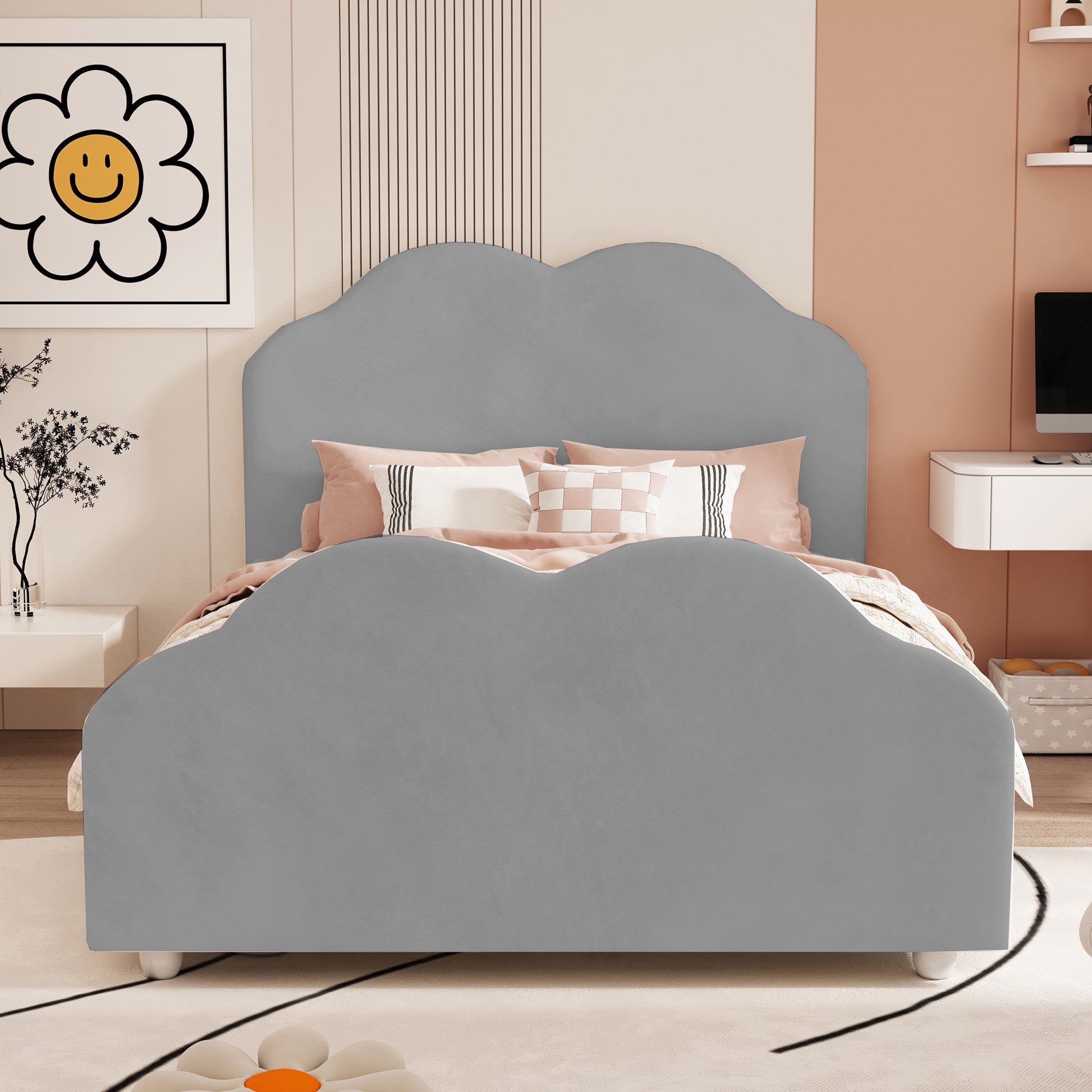 Children's Upholstered Bed, 90x200cm, High Railing, Cloud Head/Footboard, Gray Velvet