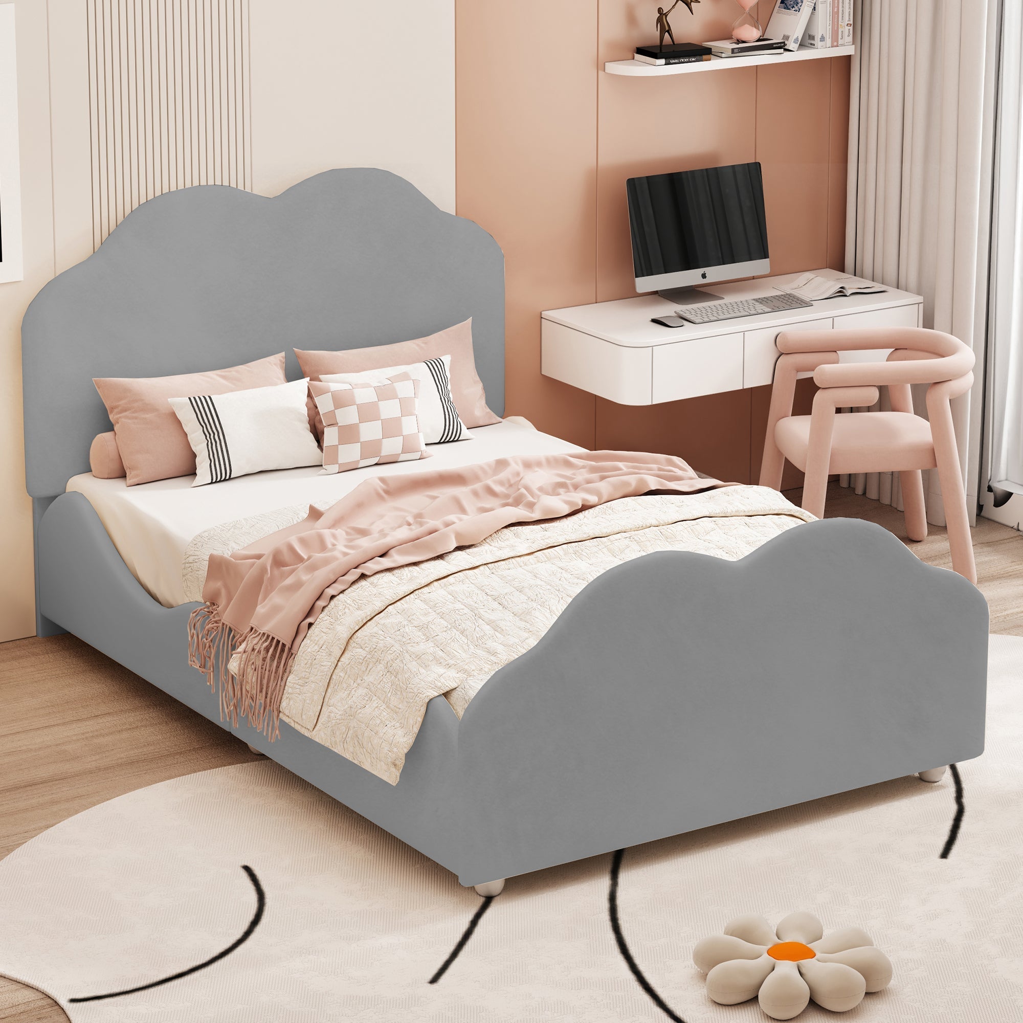 Children's Upholstered Bed, 90x200cm, High Railing, Cloud Head/Footboard, Gray Velvet