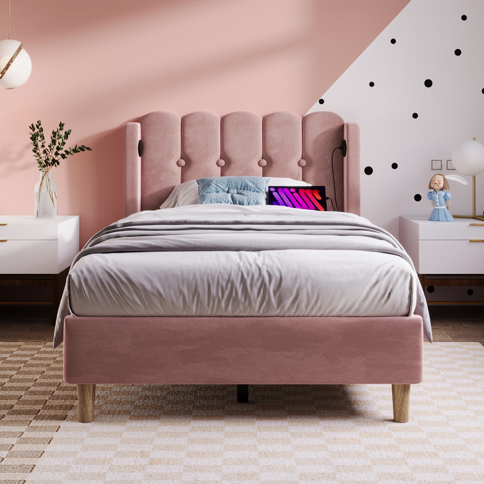 Upholstered Single Bed, 90x200cm, USB-C Charging, Pink Velvet