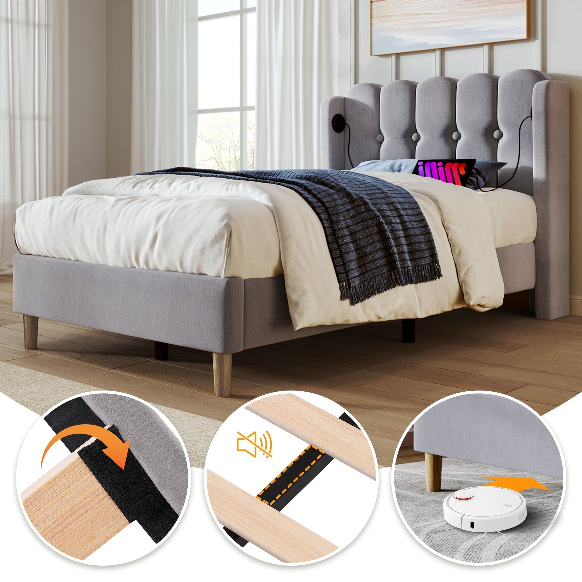 Upholstered Single Bed, 90x200cm USB-C Charging Slatted Base, Grey Linen