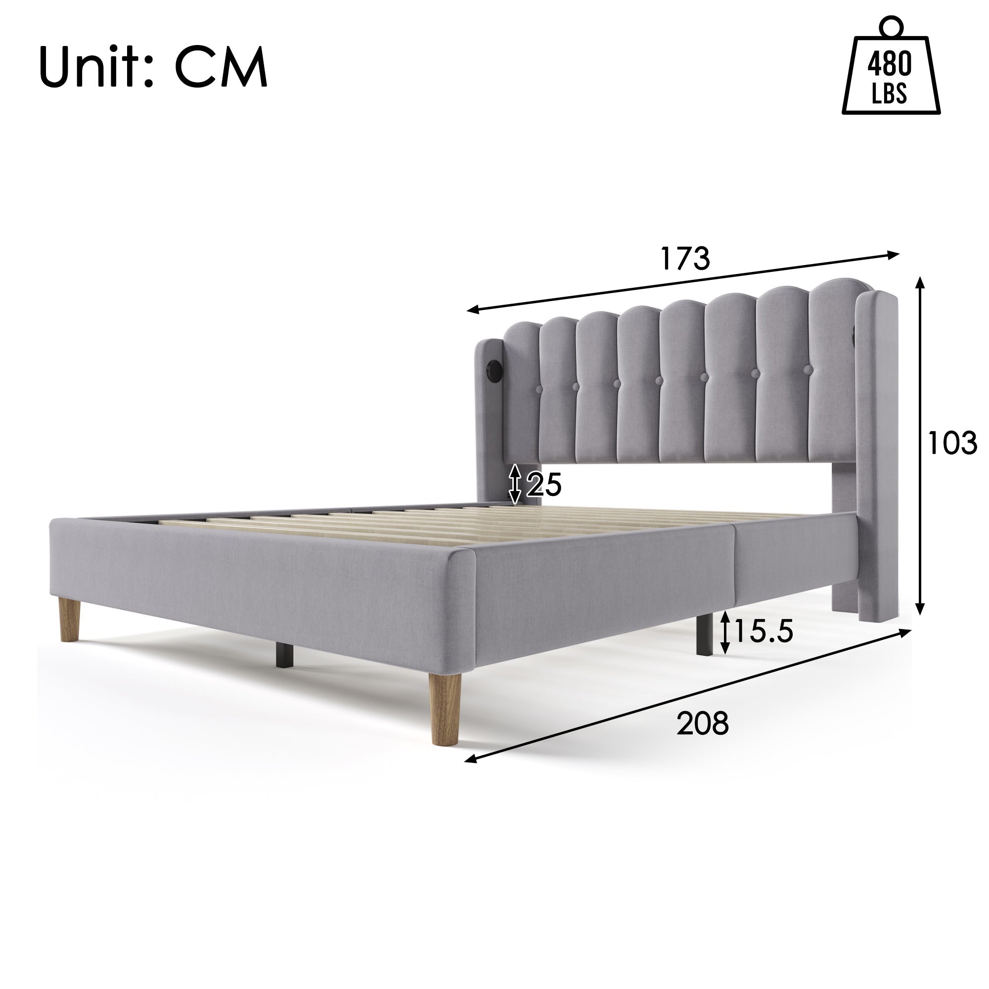 Upholstered Double Bed, 160x200cm, USB Type C Charging, Gray Linen