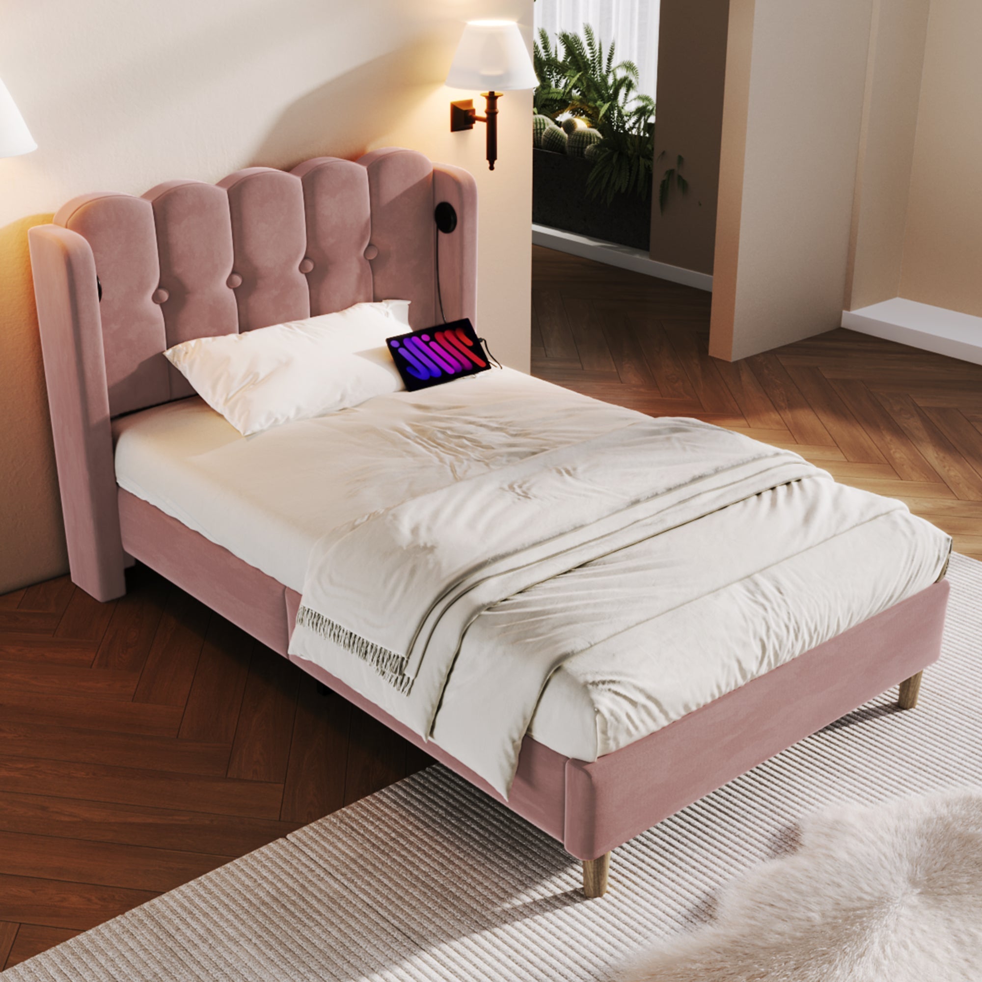 Upholstered Single Bed, 90x200cm, USB-C Charging, Pink Velvet