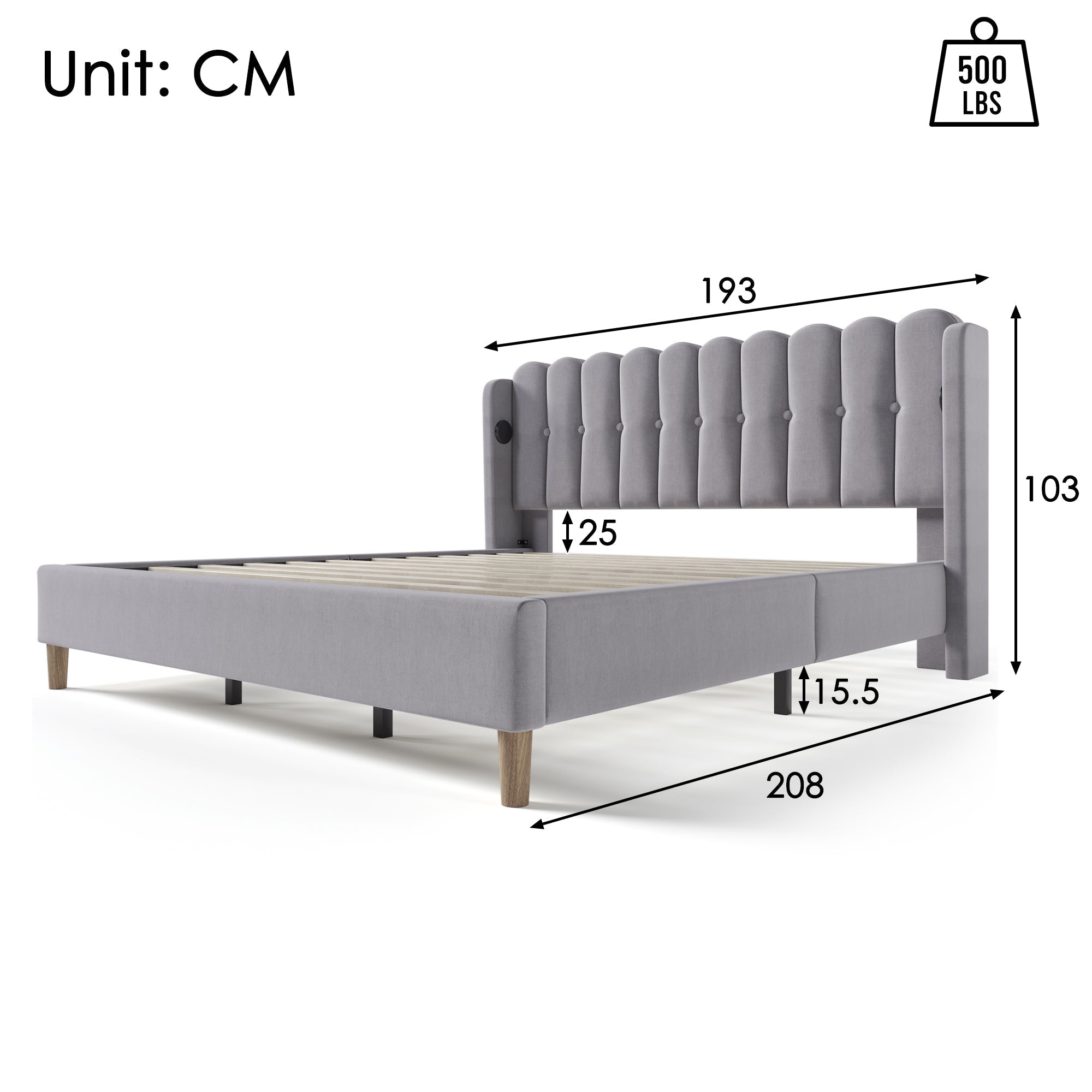 Upholstered Double Bed, USB Type C Charging, Slatted Frame, 180 x 200 cm, Gray Linen