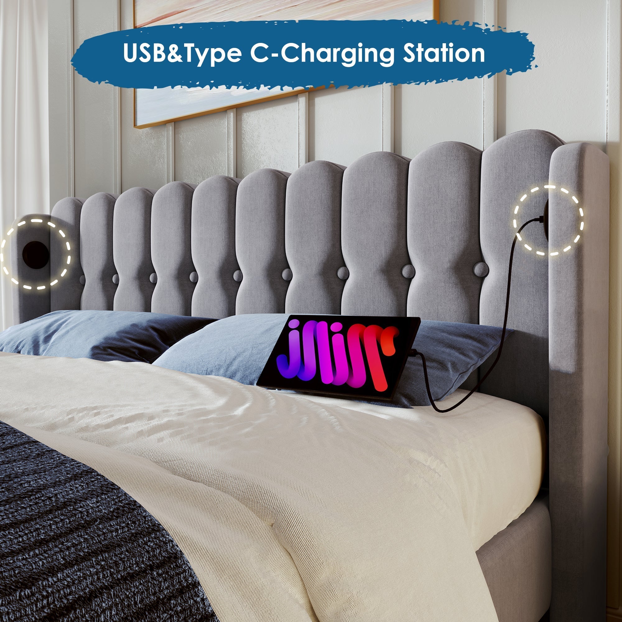 Upholstered Double Bed, USB Type C Charging, 140x200 cm, Gray Linen