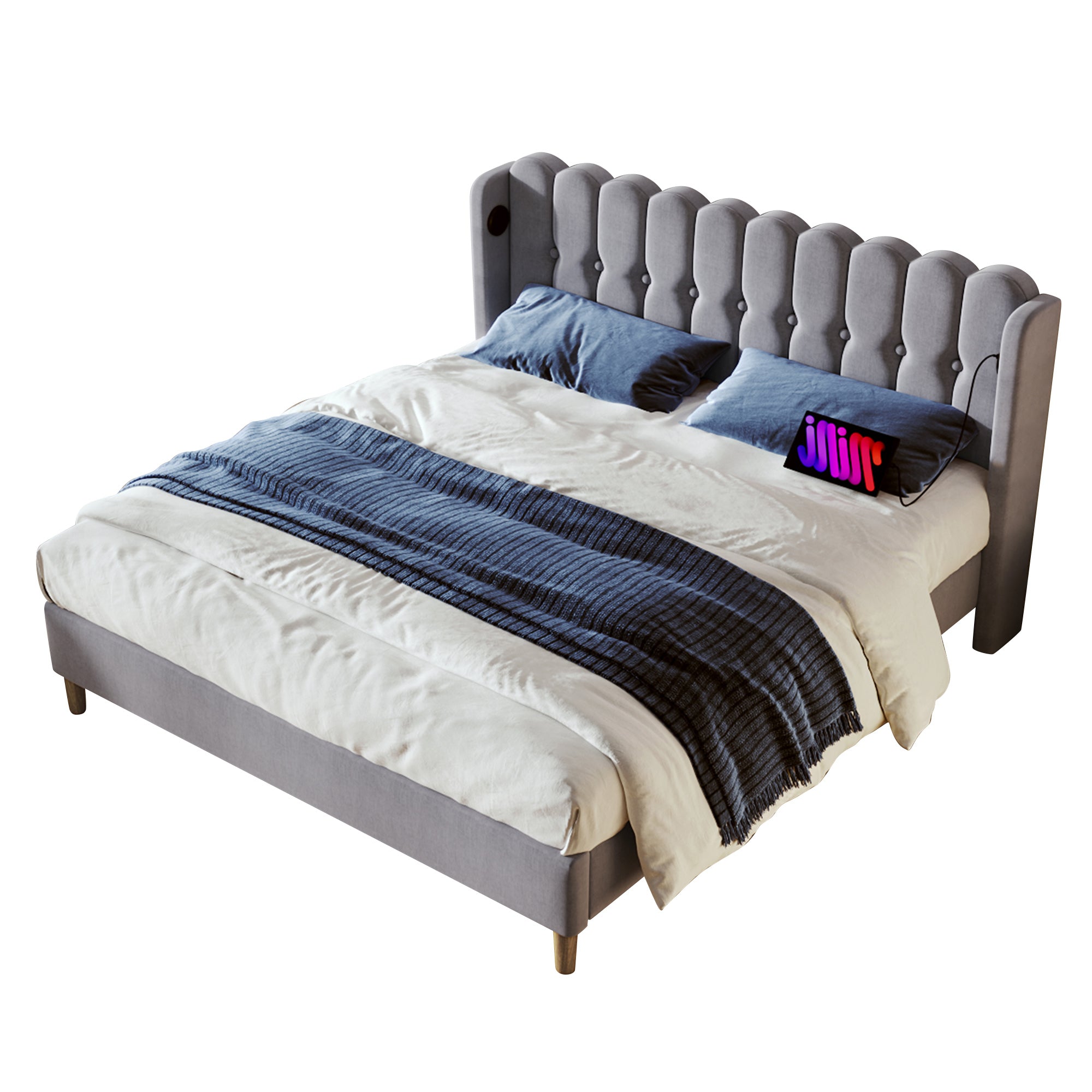Upholstered Double Bed, 160x200cm, USB Type C Charging, Gray Linen