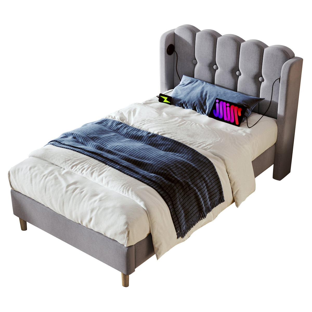 Upholstered Single Bed, 90x200cm USB-C Charging Slatted Base, Grey Linen