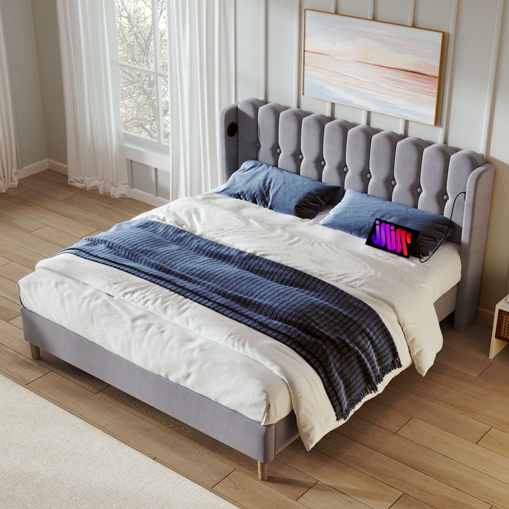 Upholstered Double Bed, USB Type C Charging, 140x200 cm, Gray Linen