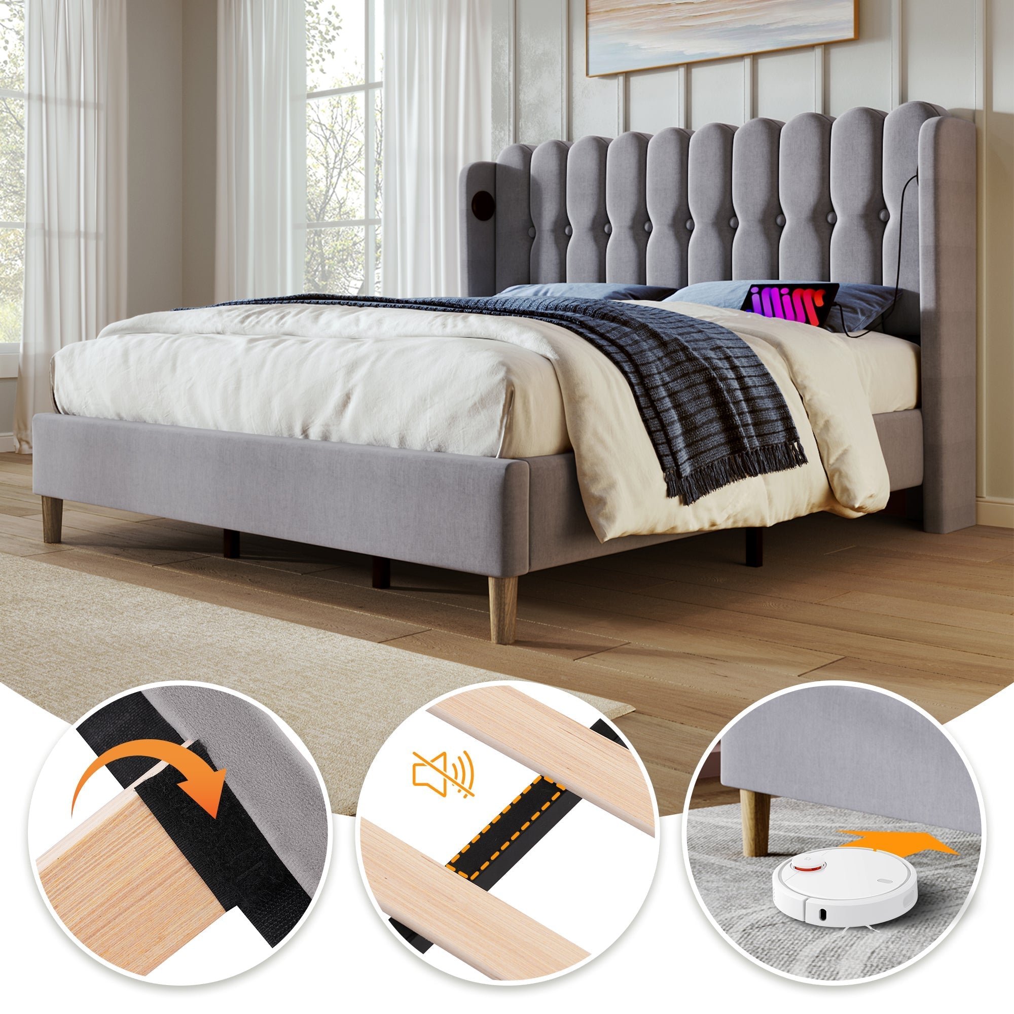 Upholstered Double Bed, 160x200cm, USB Type C Charging, Gray Linen