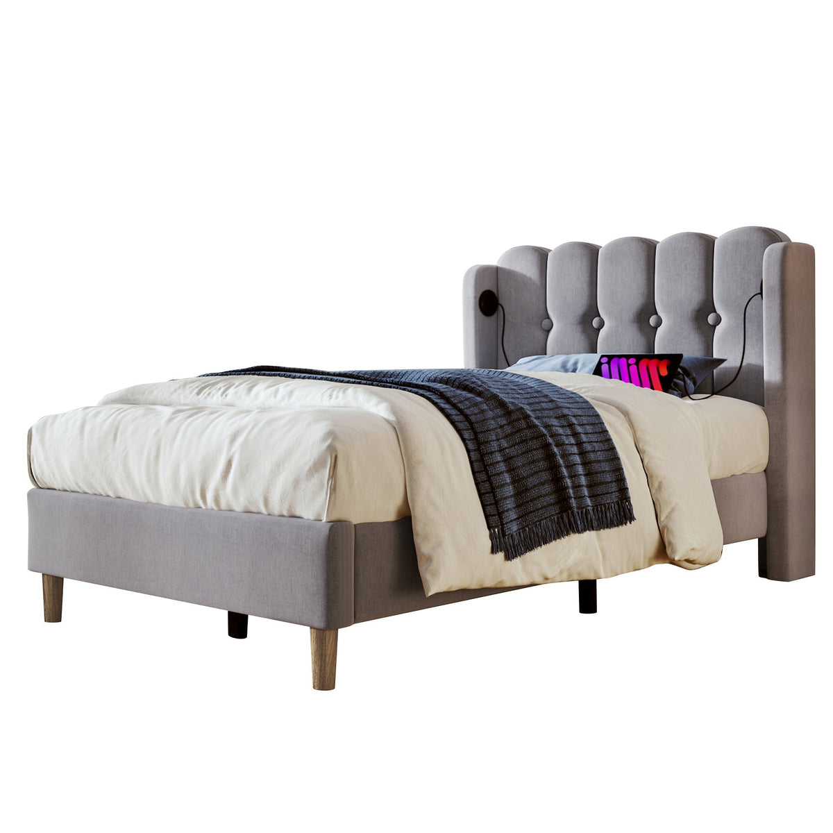 Upholstered Single Bed, 90x200cm USB-C Charging Slatted Base, Grey Linen