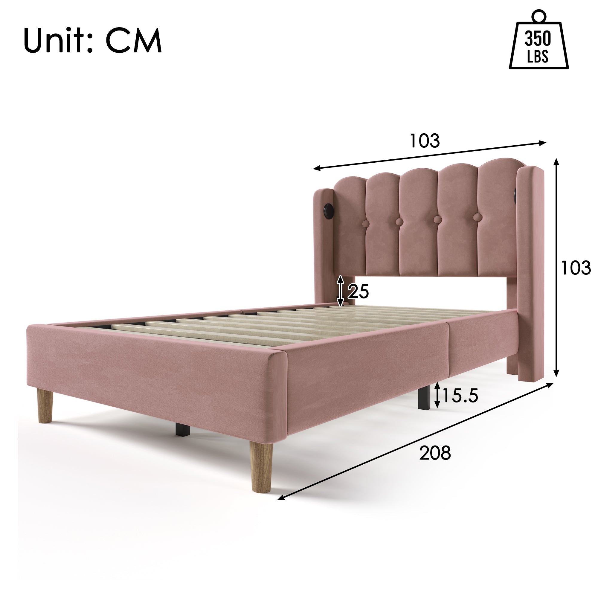 Upholstered Single Bed, 90x200cm, USB-C Charging, Pink Velvet