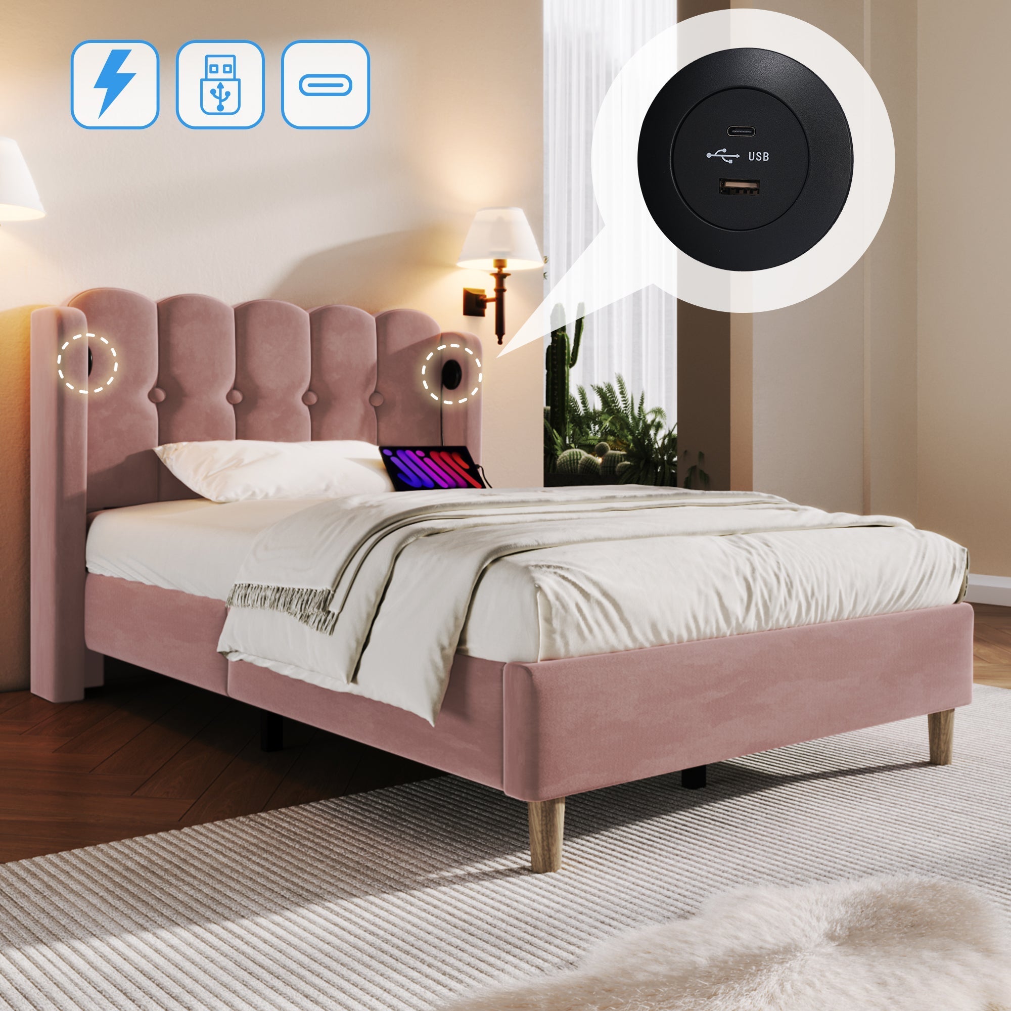 Upholstered Single Bed, USB-C Charging, Pink Velvet