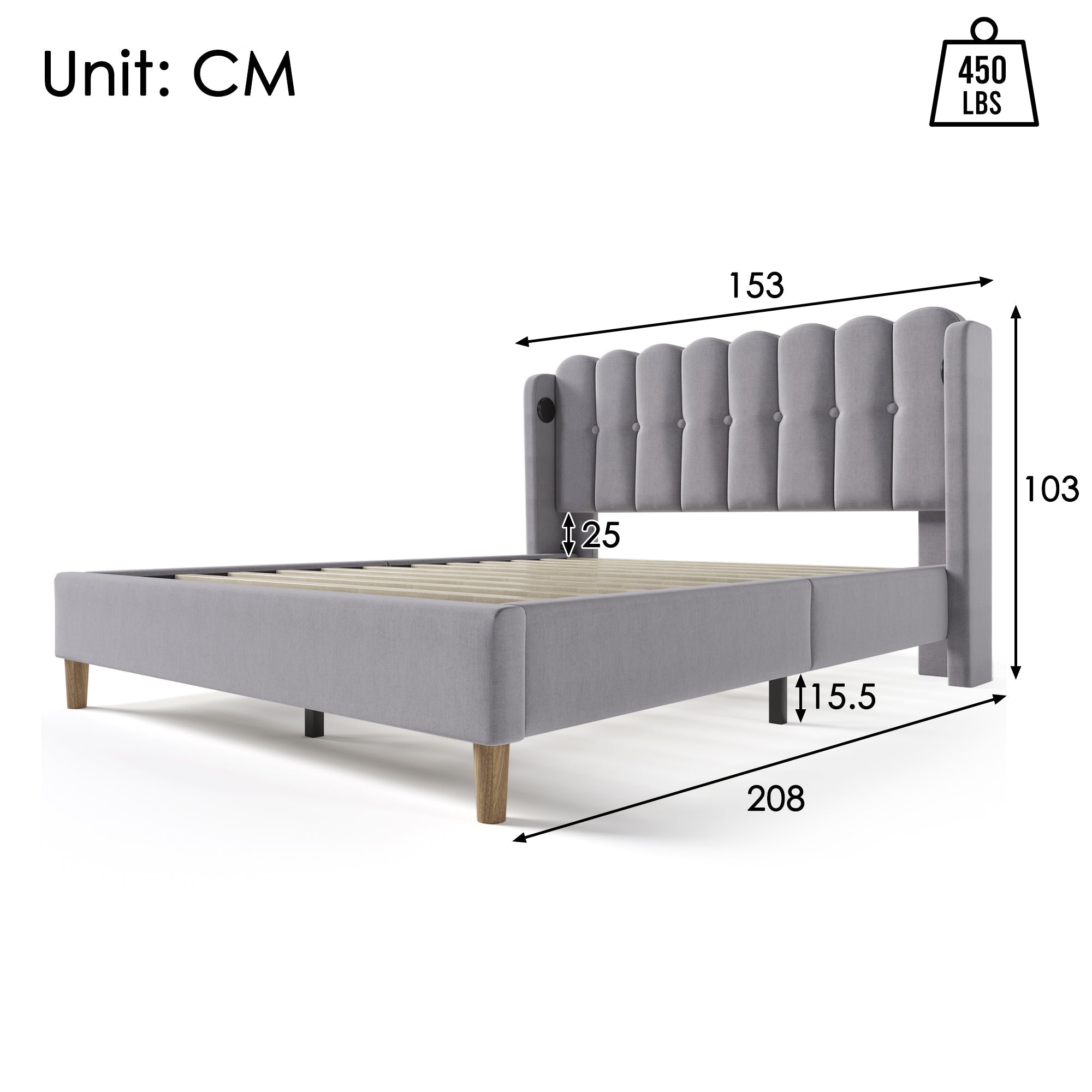 Upholstered Double Bed, USB Type C Charging, 140x200 cm, Gray Linen