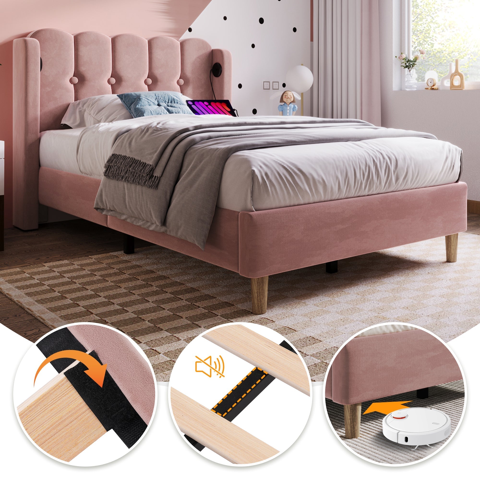 Upholstered Single Bed, 90x200cm, USB-C Charging, Pink Velvet