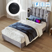 Upholstered Single Bed, USB Type C Charging, Slatted Frame, Gray Linen