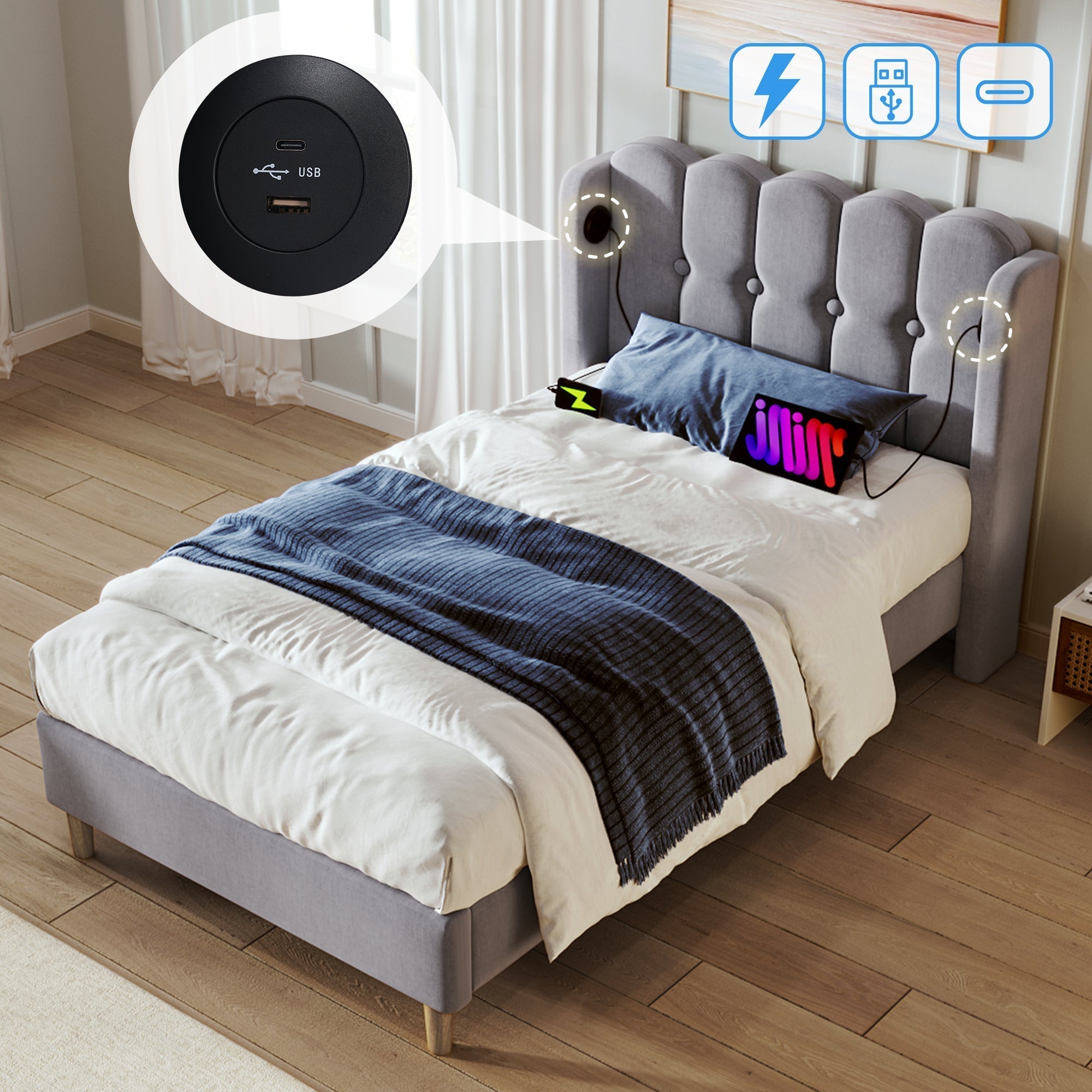 Upholstered Single Bed, 90x200cm USB-C Charging Slatted Base, Grey Linen