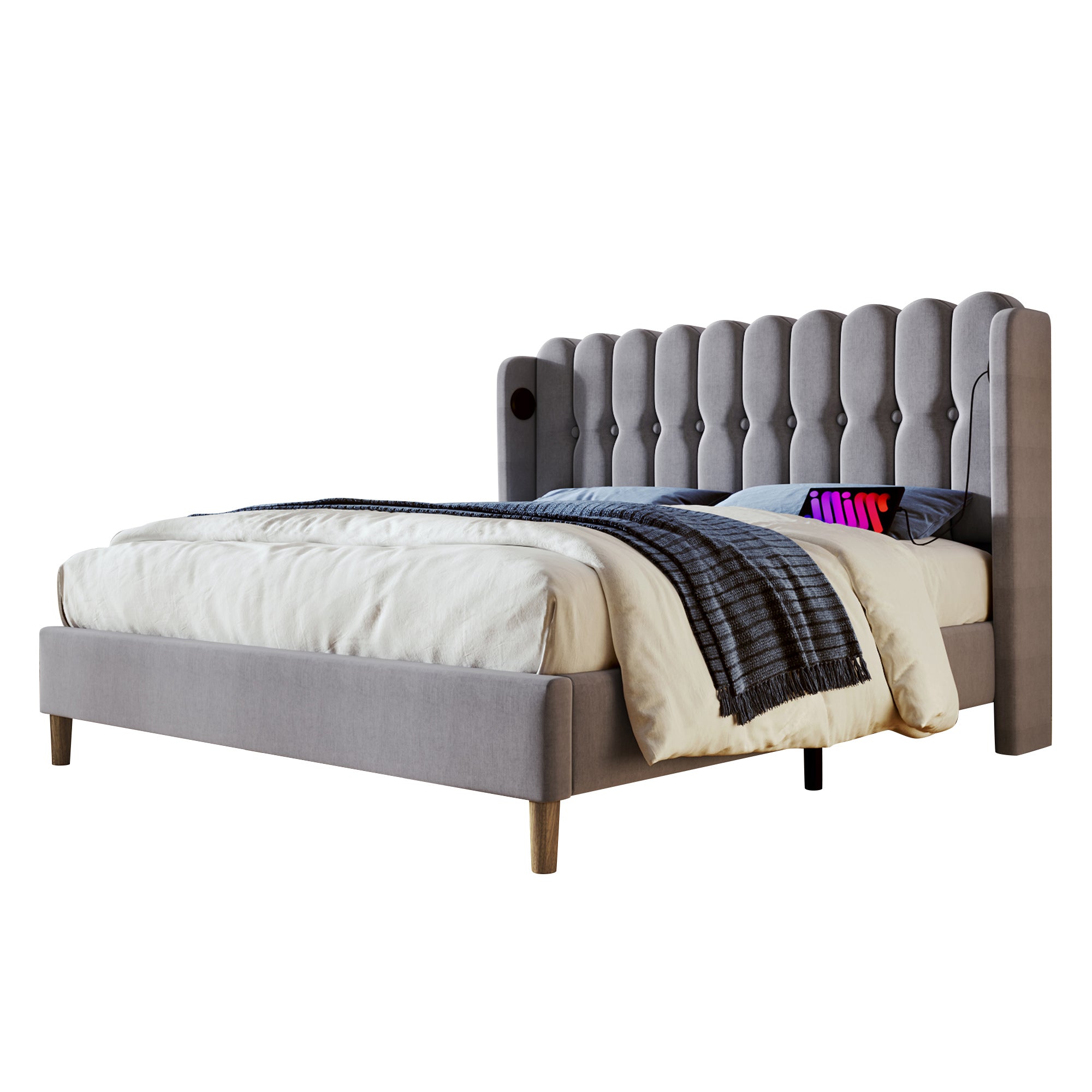 Upholstered Double Bed, USB Type C Charging, 140x200 cm, Gray Linen