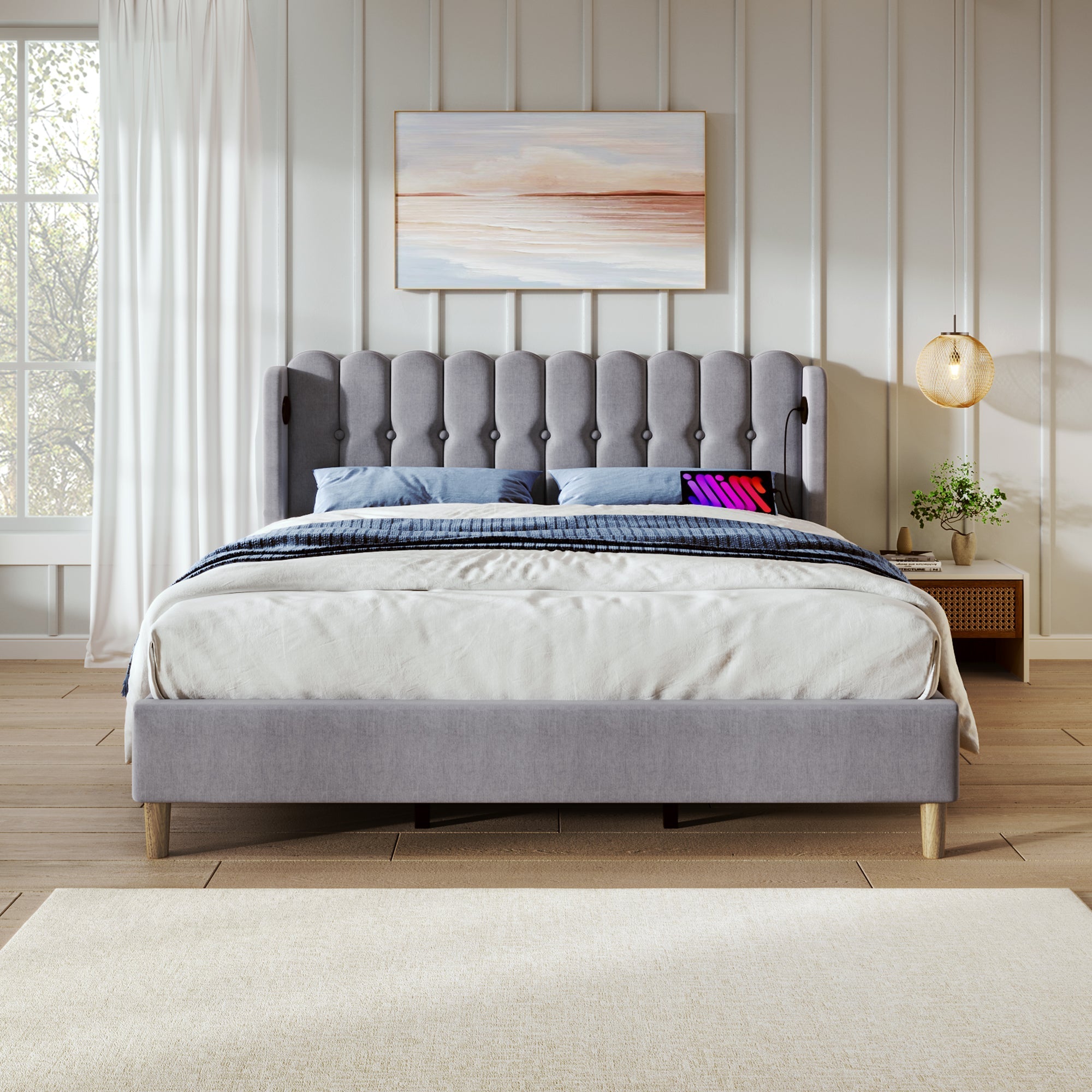 Upholstered Double Bed, USB Type C Charging, Slatted Frame, 180 x 200 cm, Gray Linen