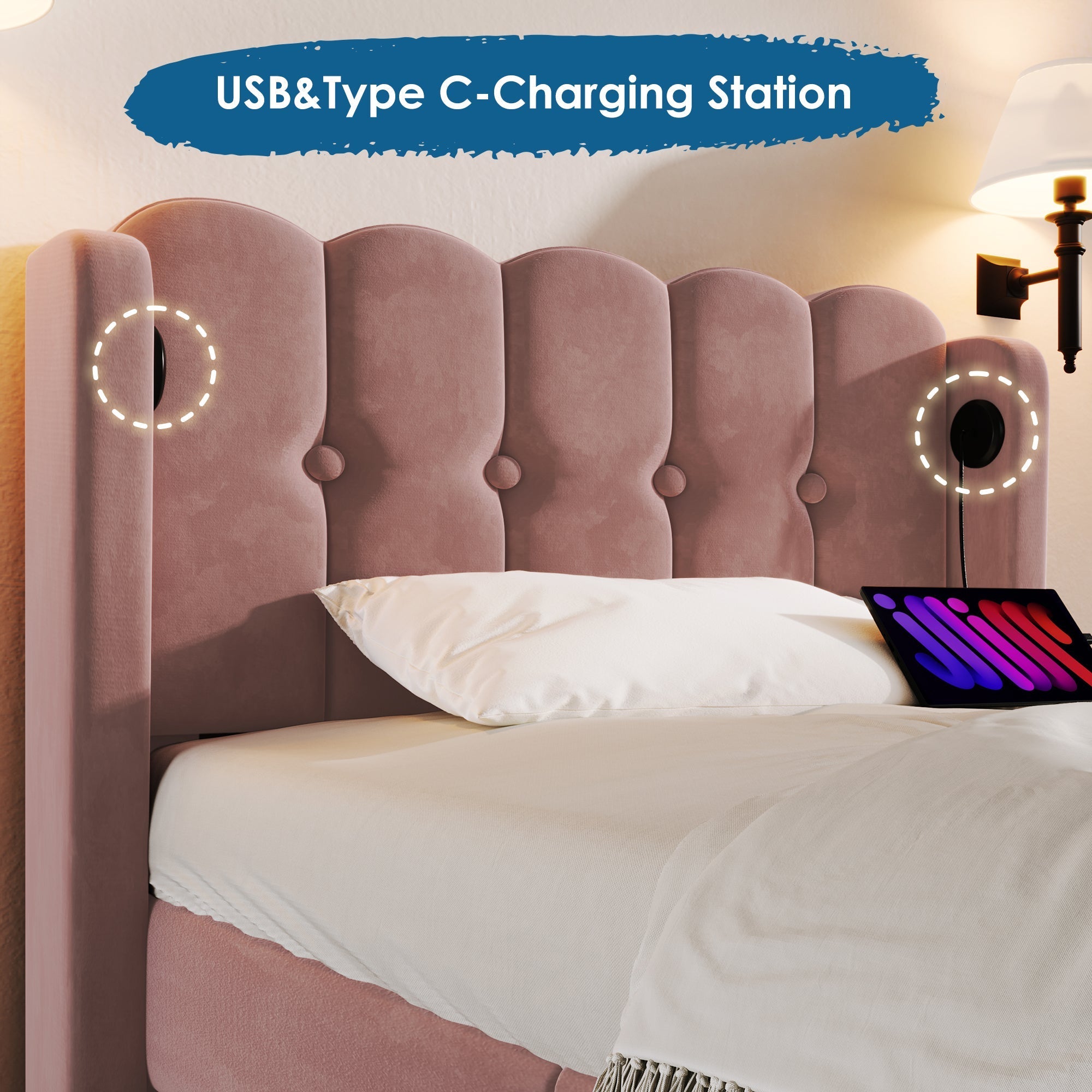 Upholstered Single Bed, 90x200cm, USB-C Charging, Pink Velvet