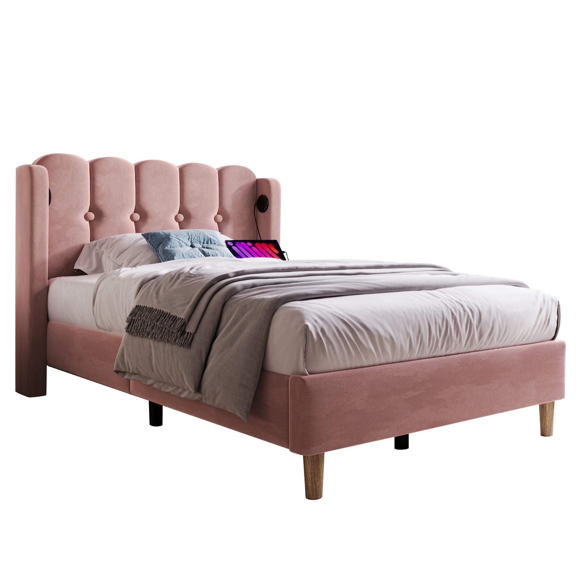 Upholstered Single Bed, USB-C Charging, Pink Velvet