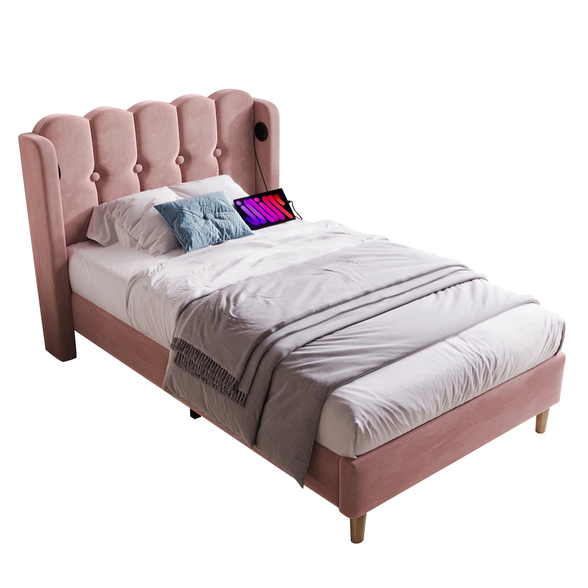 Upholstered Single Bed, USB-C Charging, Pink Velvet