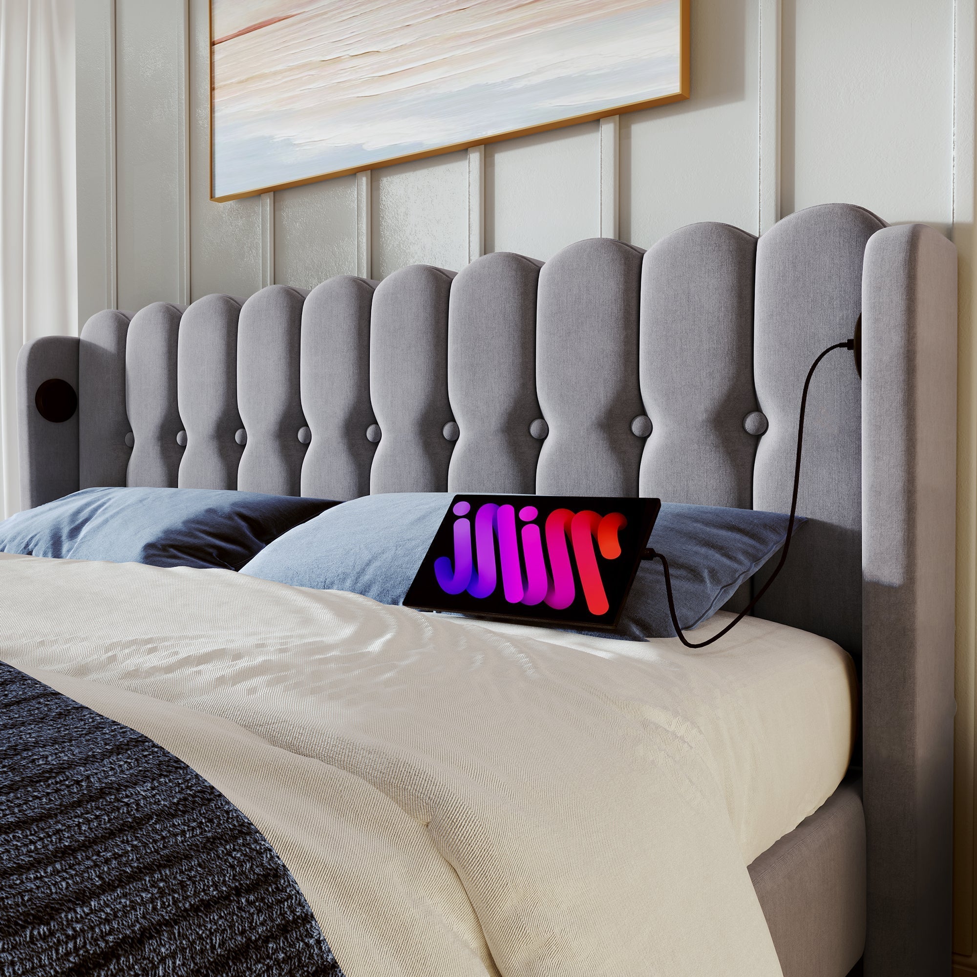 Upholstered Double Bed, USB Type C Charging, Slatted Frame, Gray Linen