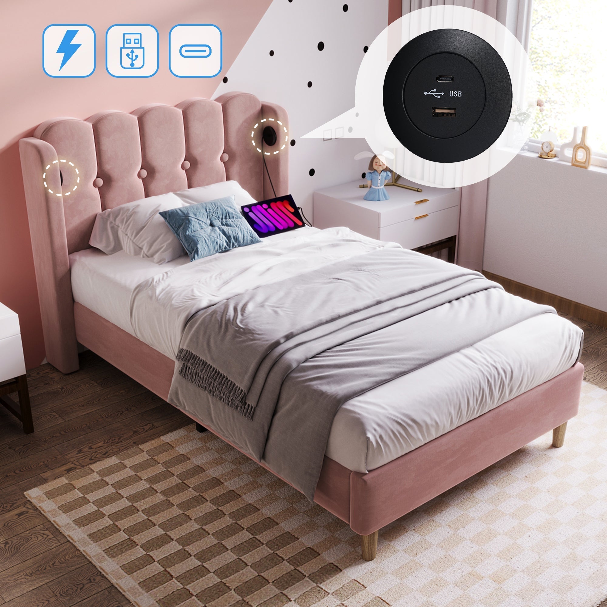 Upholstered Single Bed, USB-C Charging, Pink Velvet
