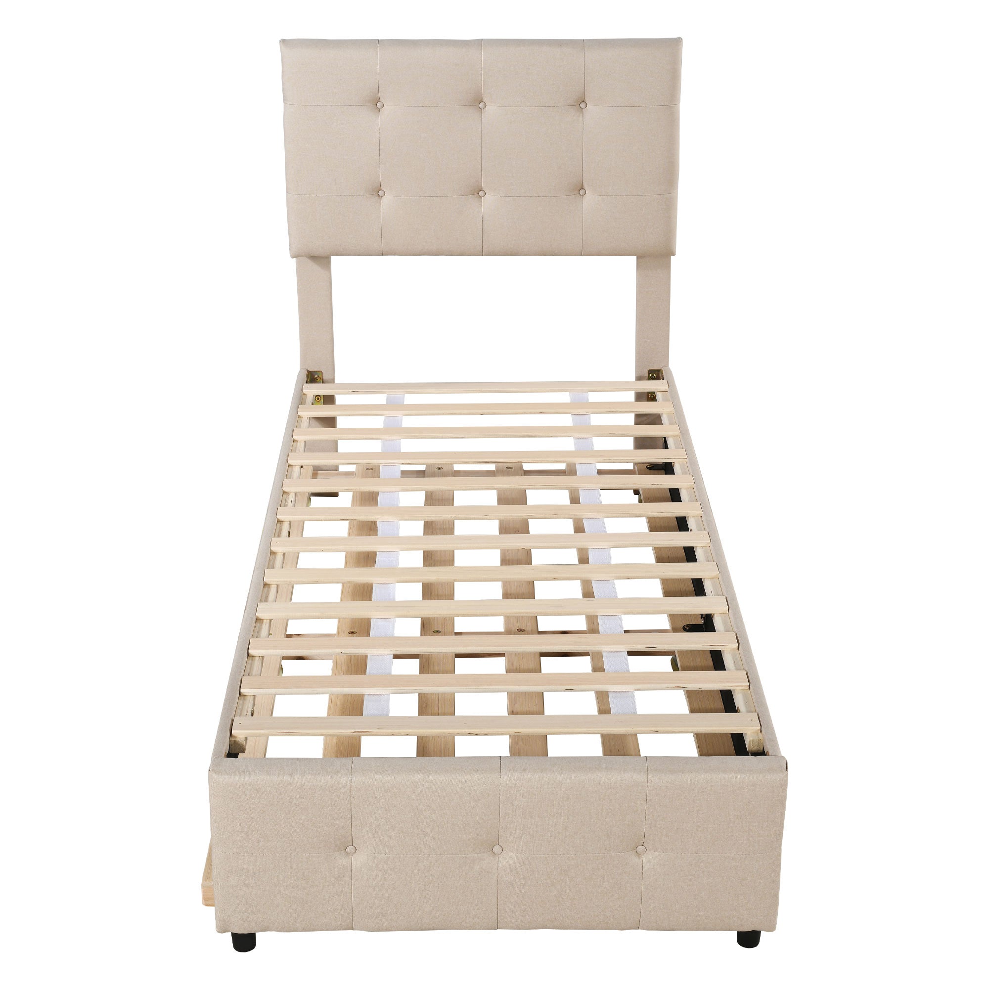 Upholstered Children's Bed with Pull-out Trundle and Height-Adjustable Headboard, Beige/Grey Linen Fabric