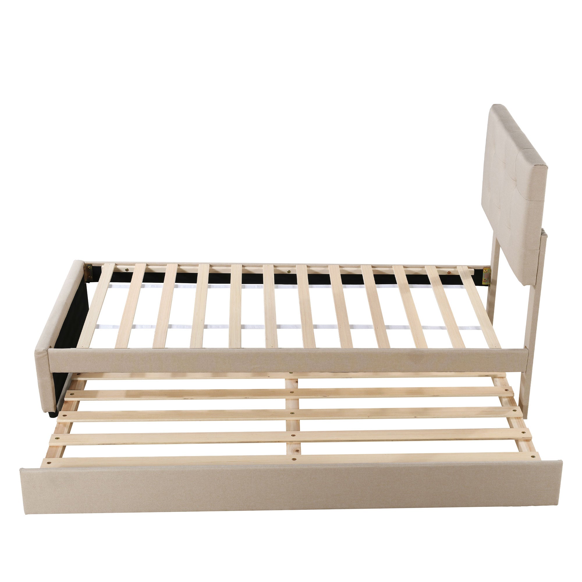 Upholstered Children's Bed with Pull-out Trundle and Height-Adjustable Headboard, Beige/Grey Linen Fabric