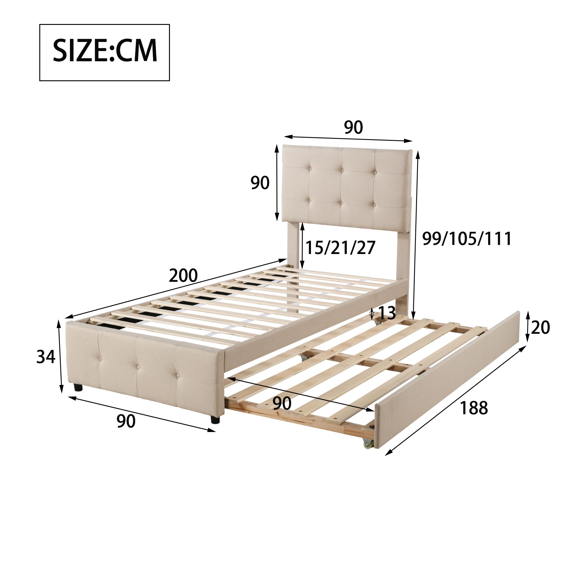 Upholstered Children's Bed with Pull-out Trundle and Height-Adjustable Headboard, Beige/Grey Linen Fabric