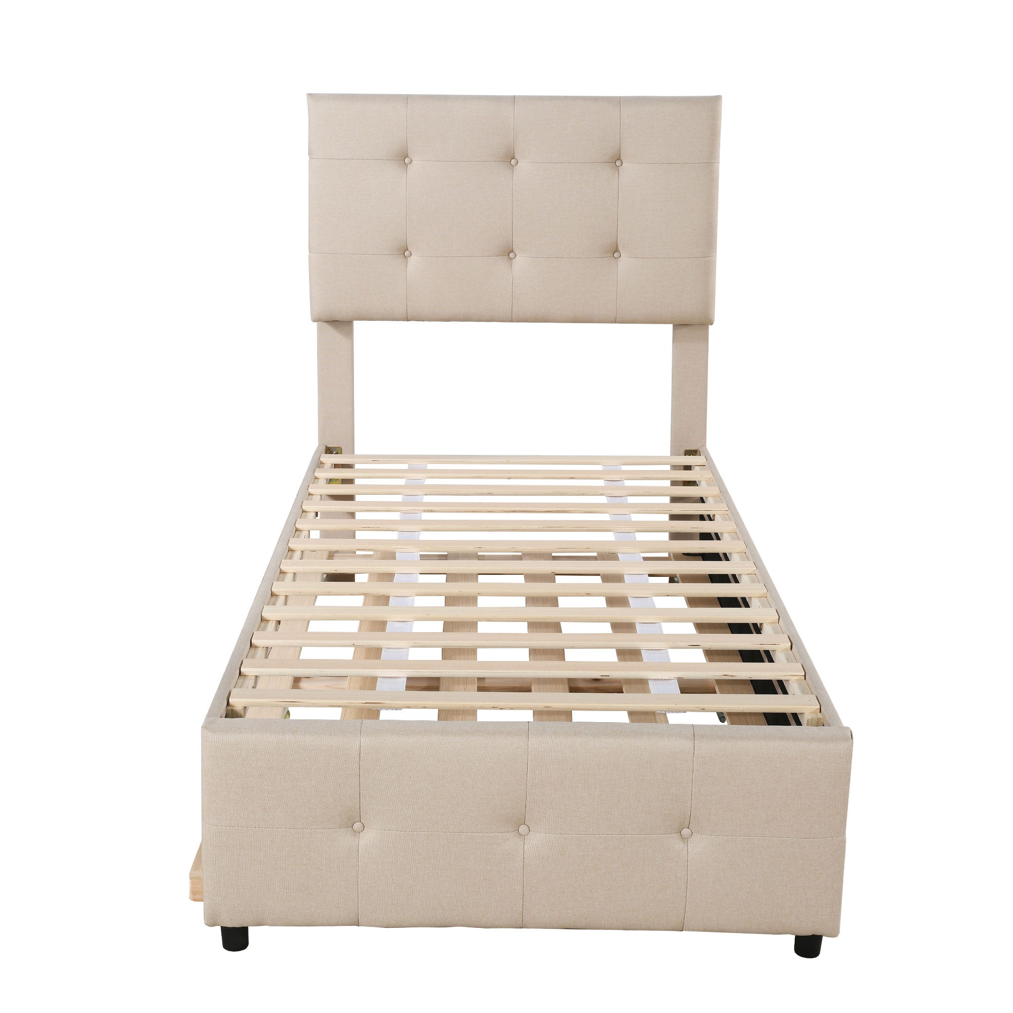 Upholstered Children's Bed with Pull-out Trundle and Height-Adjustable Headboard, Beige/Grey Linen Fabric