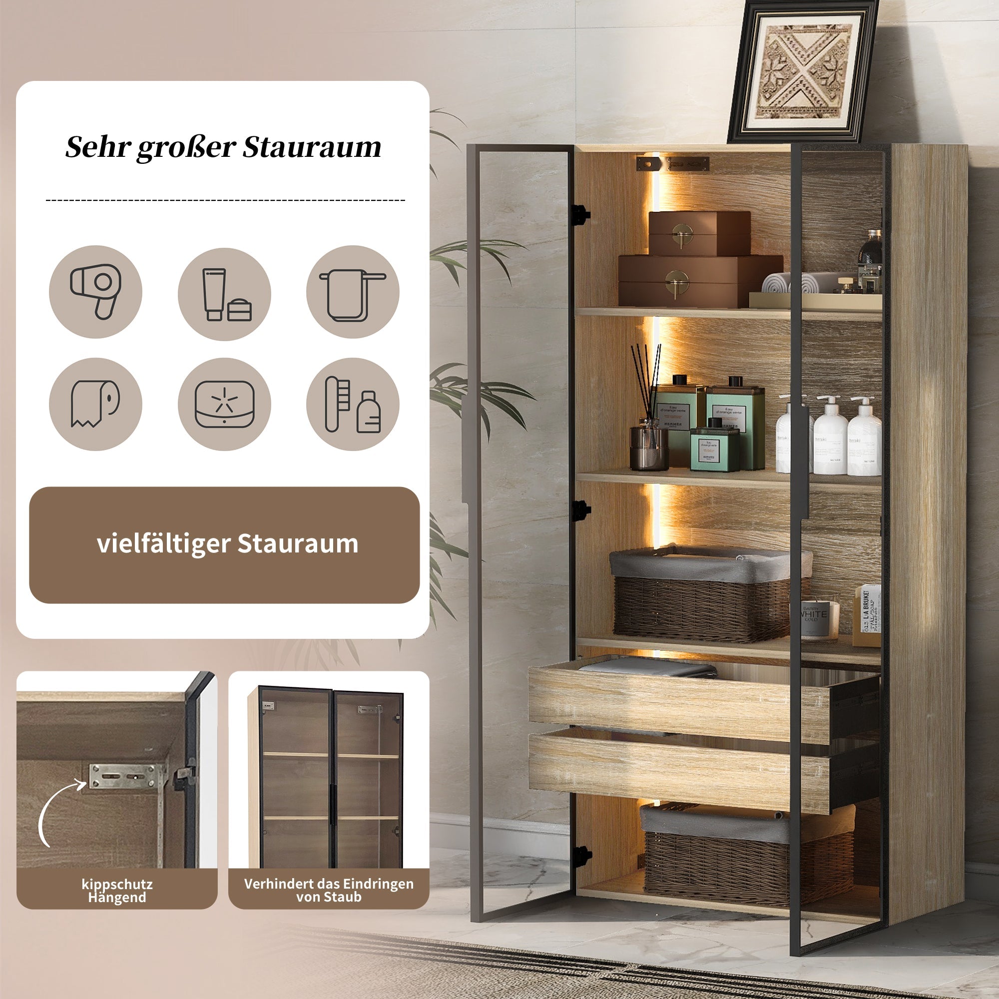 Bathroom Cabinets, Set of 2 Medium with Light Strip, 73cm Wide, 2 Drawers, 2 Doors, Glass