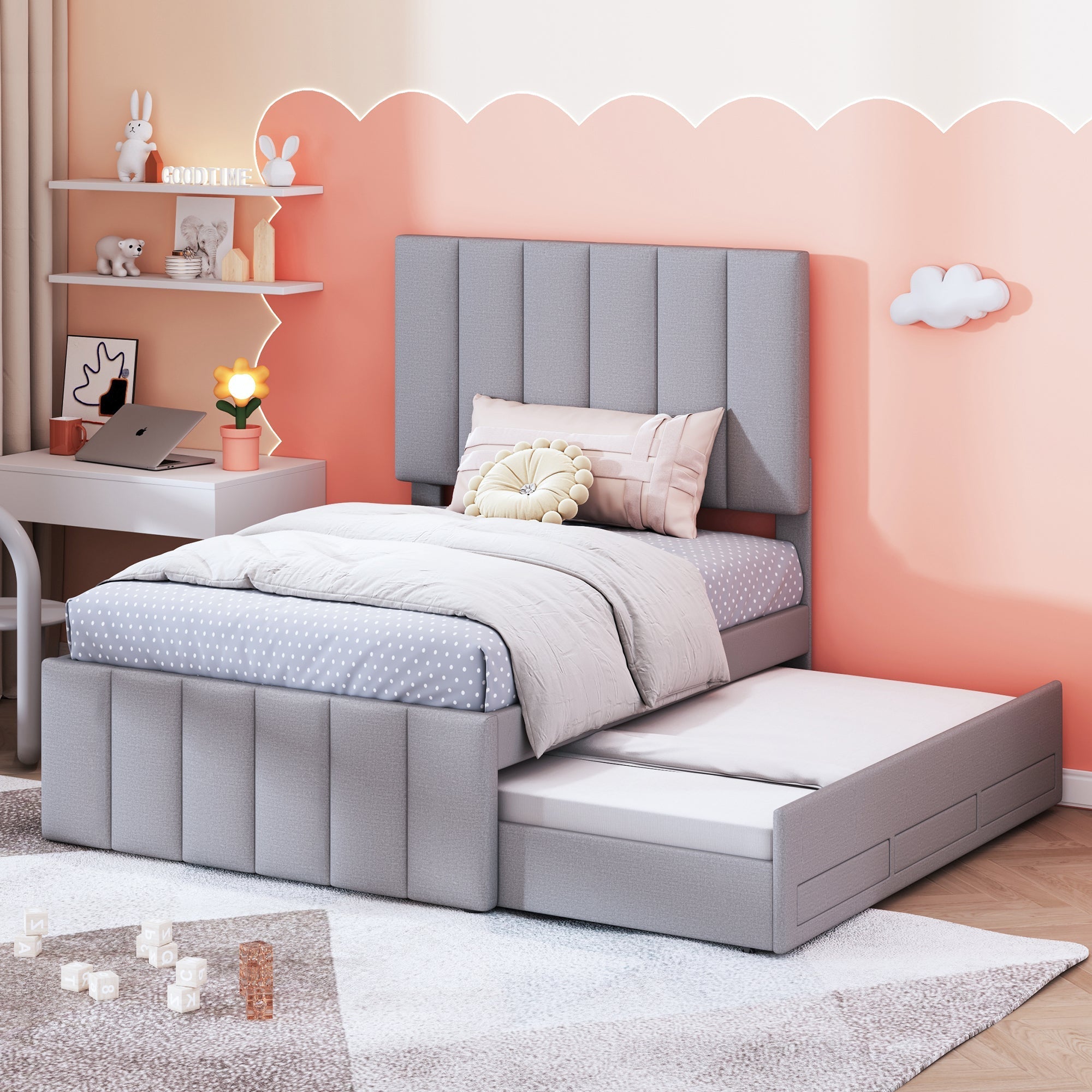 Upholstered Bed, 90x200cm Trundle with Storage Drawers, Linen Grey