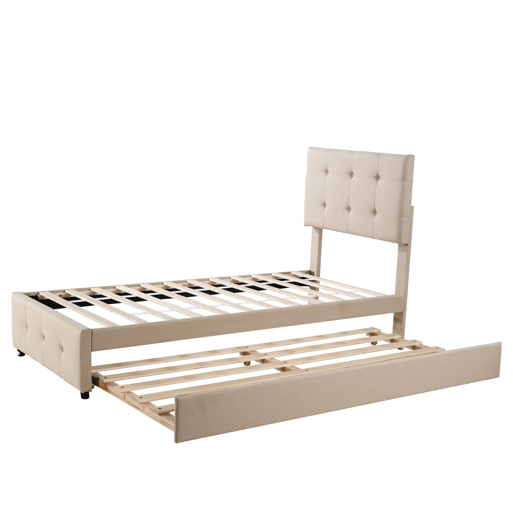 Upholstered Children's Bed with Pull-out Trundle and Height-Adjustable Headboard, Beige/Grey Linen Fabric