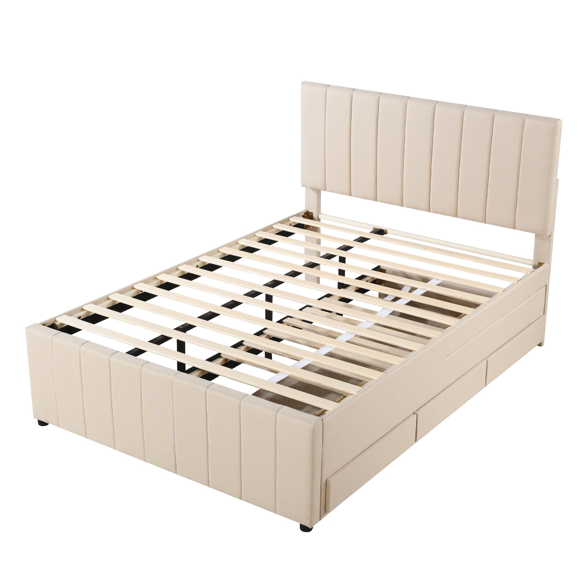 Upholstered Bed, 140x200cm Pull-Out with Drawers, Linen Beige