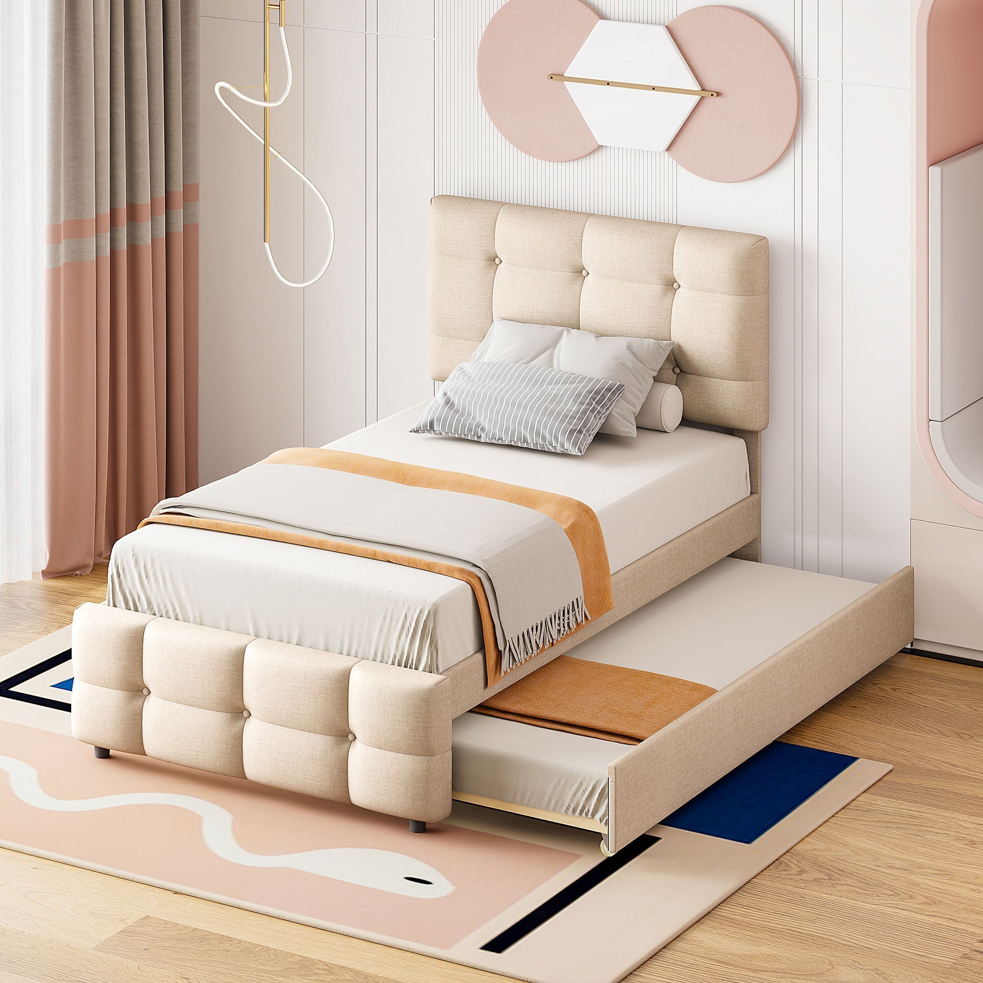 Upholstered Bed, 90x200cm Pull-Out Kids Bed with Adjustable Headboard, Linen Upholstery, Beige