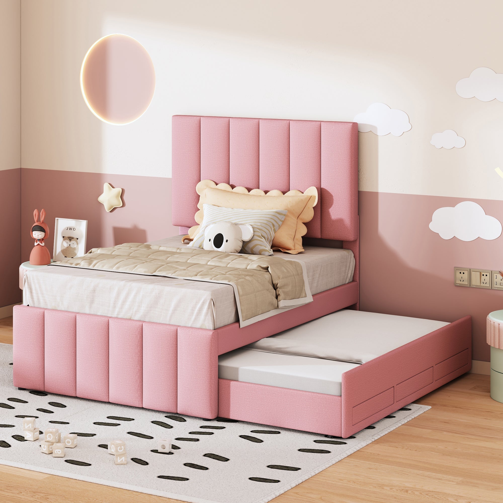 Upholstered Bed 90x200cm, Trundle & Storage, Linen (Pink)