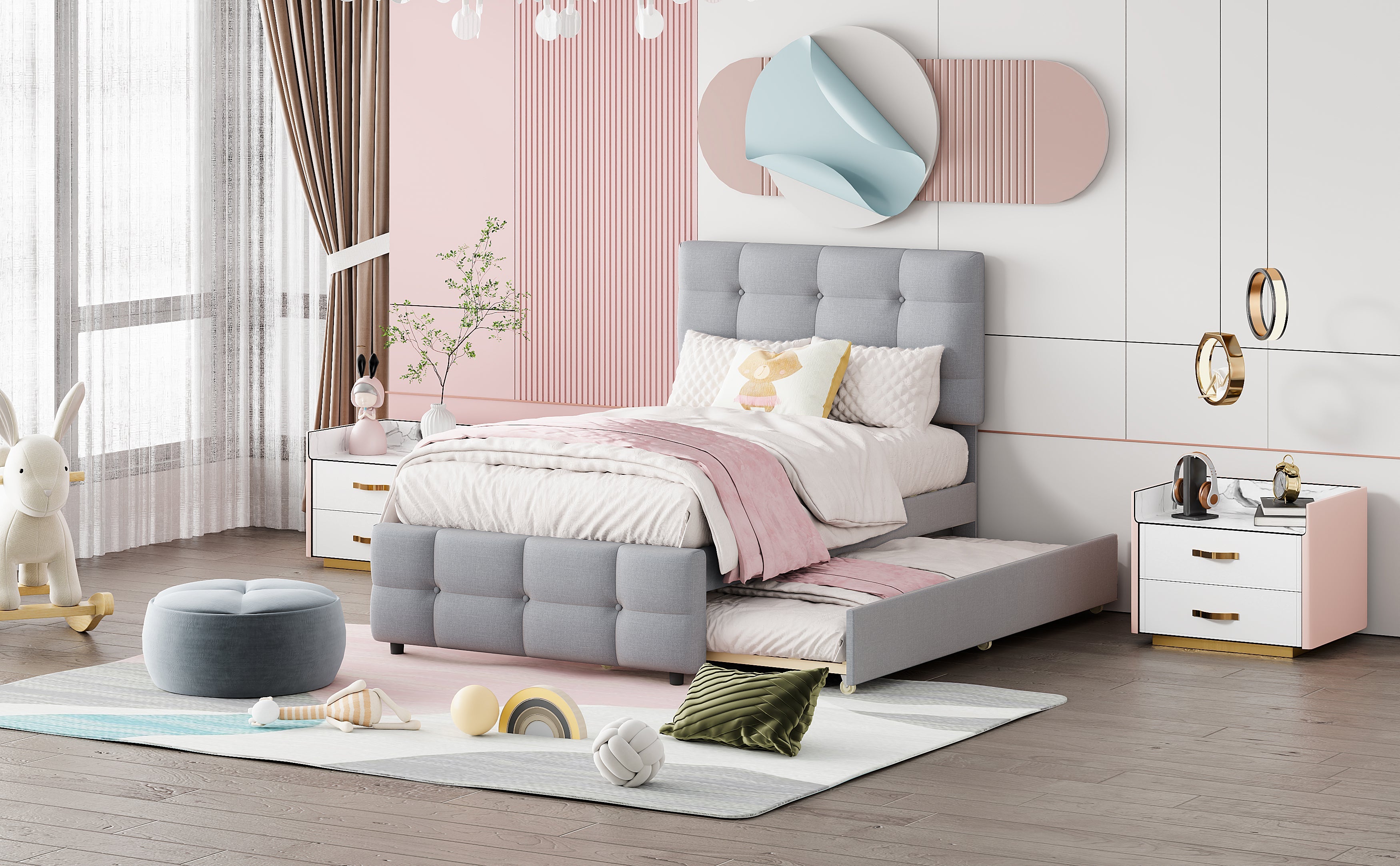 Upholstered Bed, Pull-Out Adjustable Headboard Single, Linen Grey