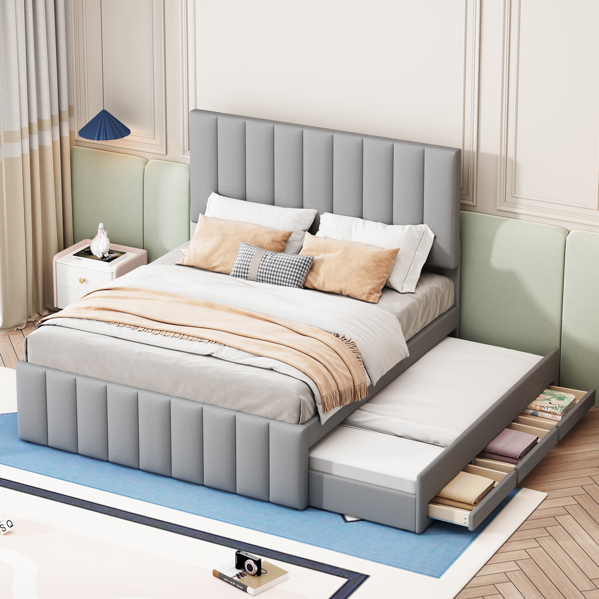 Upholstered Bed, 140x200cm, Pull-Out & Drawers, Linen Upholstery, Grey