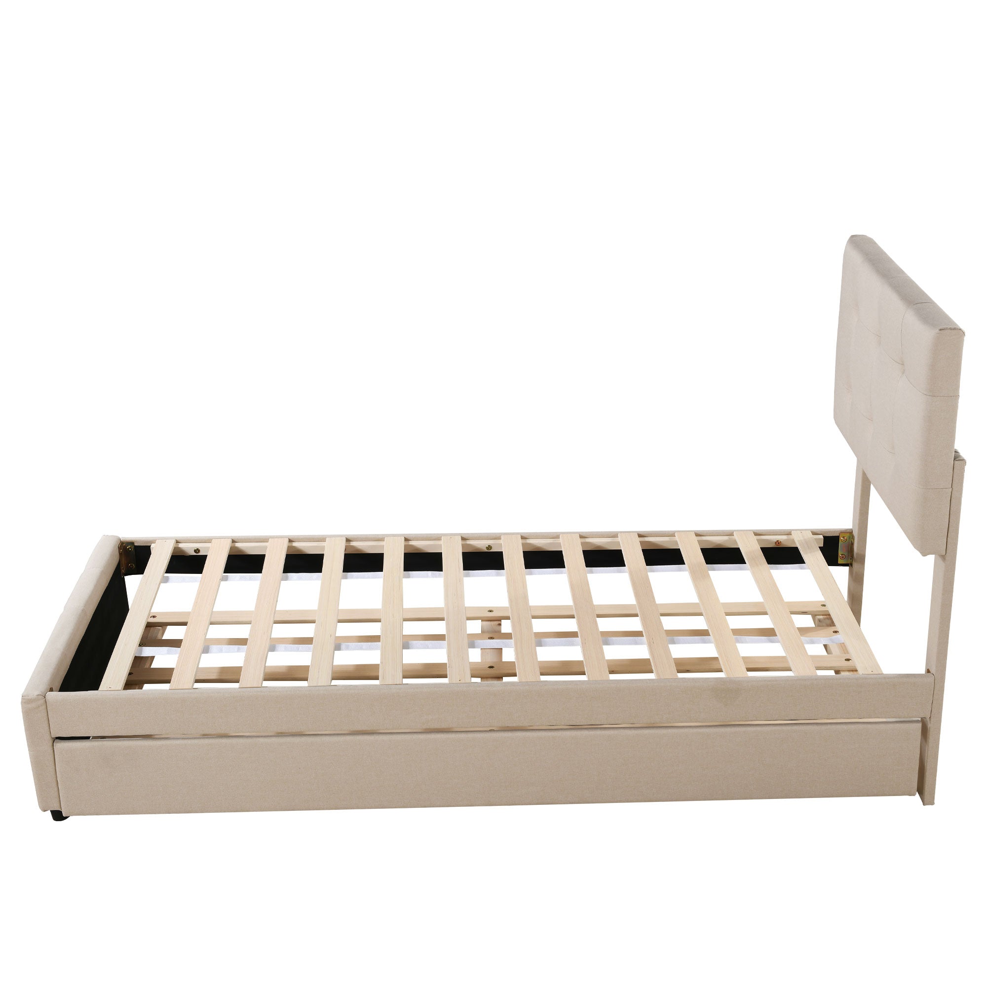 Upholstered Children's Bed with Pull-out Trundle and Height-Adjustable Headboard, Beige/Grey Linen Fabric