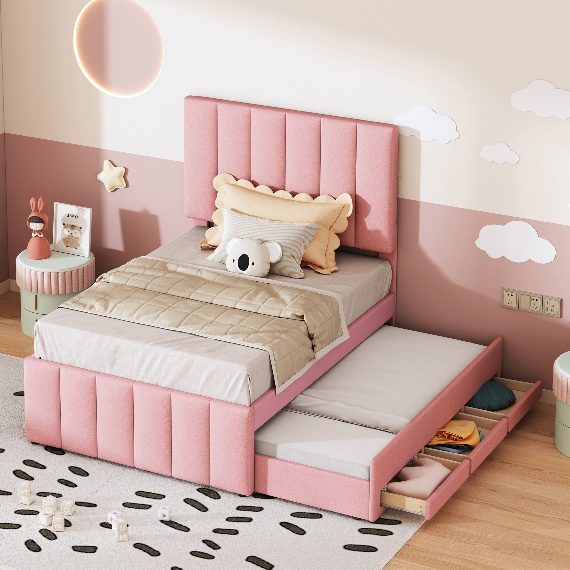 Upholstered Bed 90x200cm, Trundle & Storage, Linen (Pink)