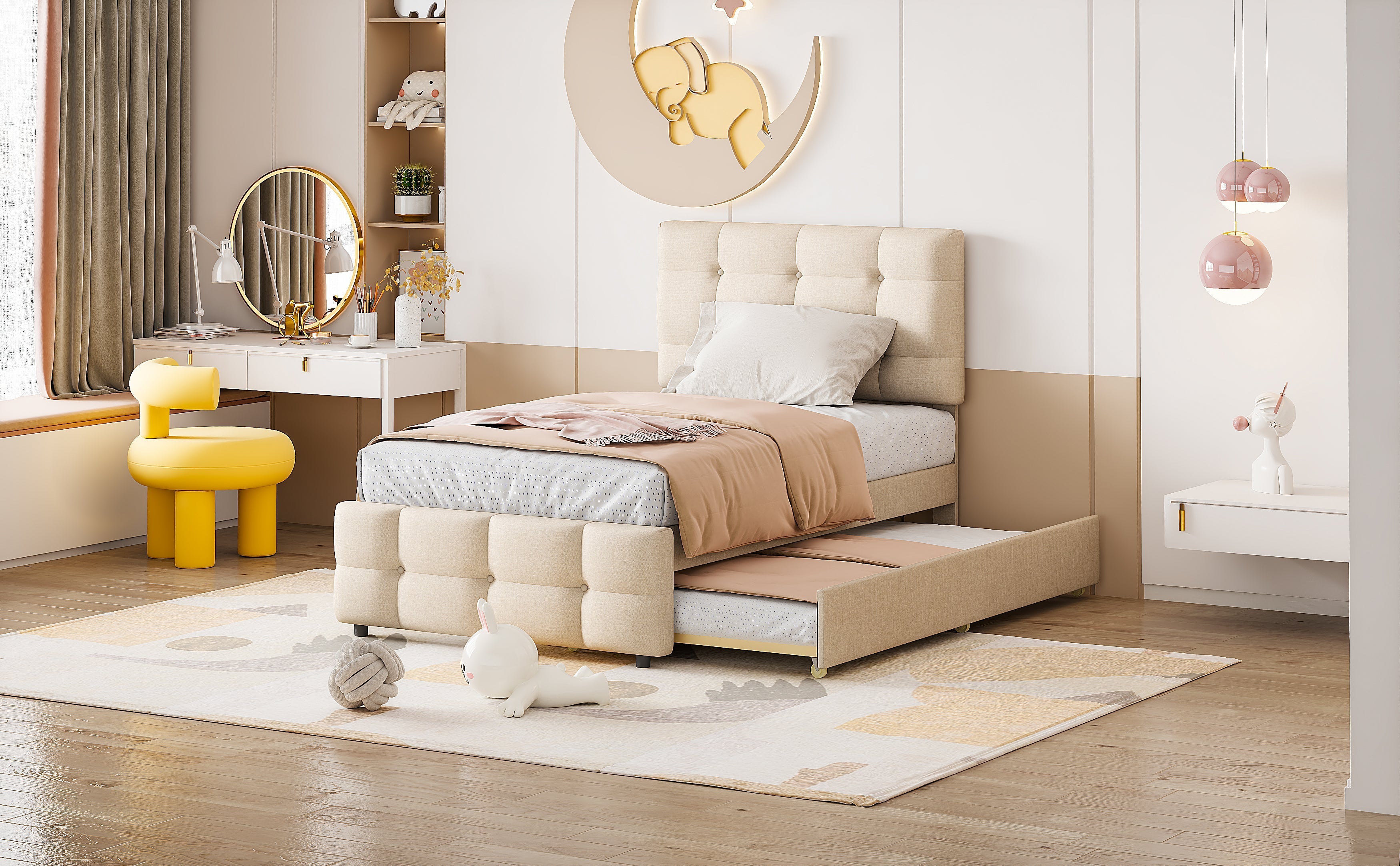 Upholstered Bed, 90x200cm Pull-Out Kids Bed with Adjustable Headboard, Linen Upholstery, Beige
