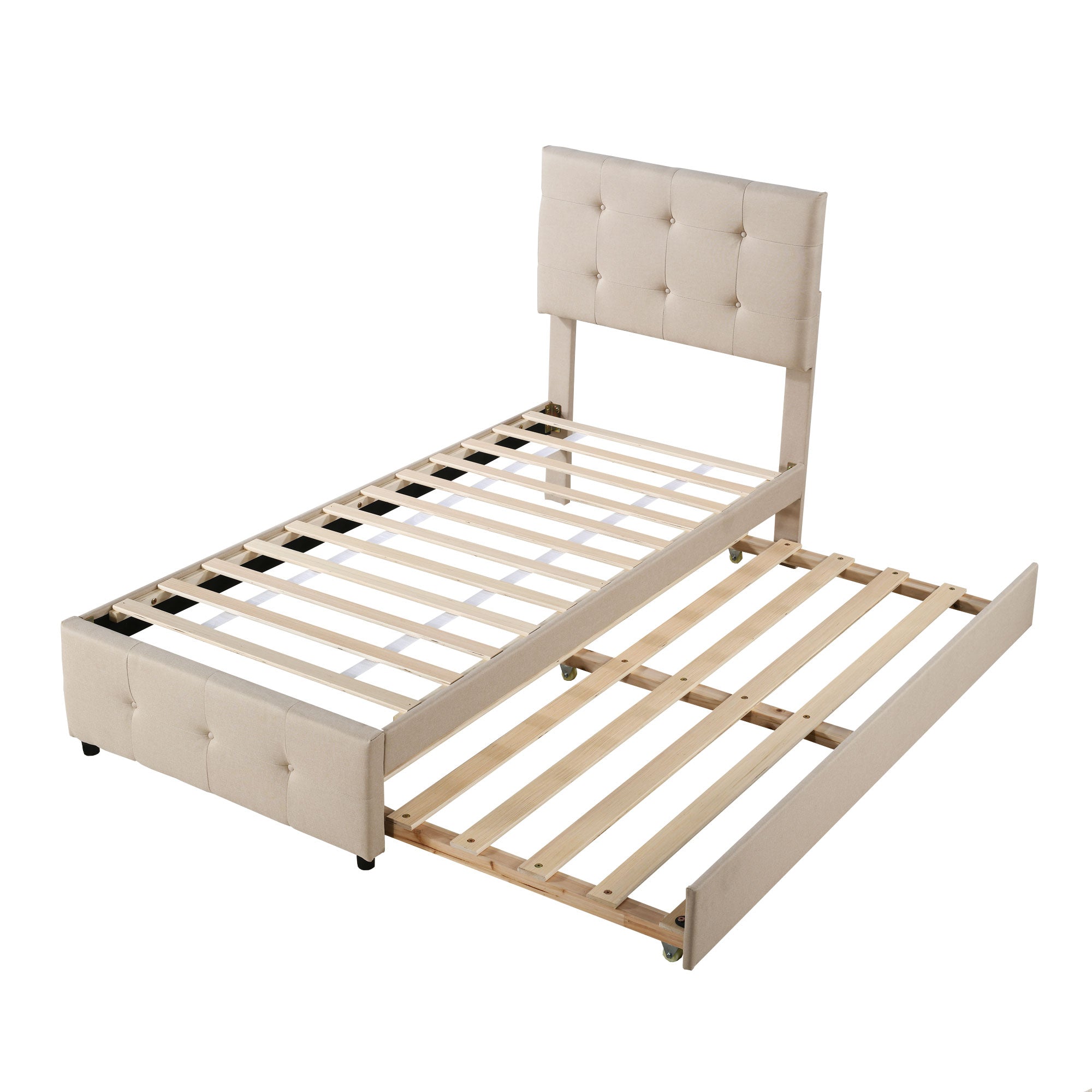 Upholstered Children's Bed with Pull-out Trundle and Height-Adjustable Headboard, Beige/Grey Linen Fabric