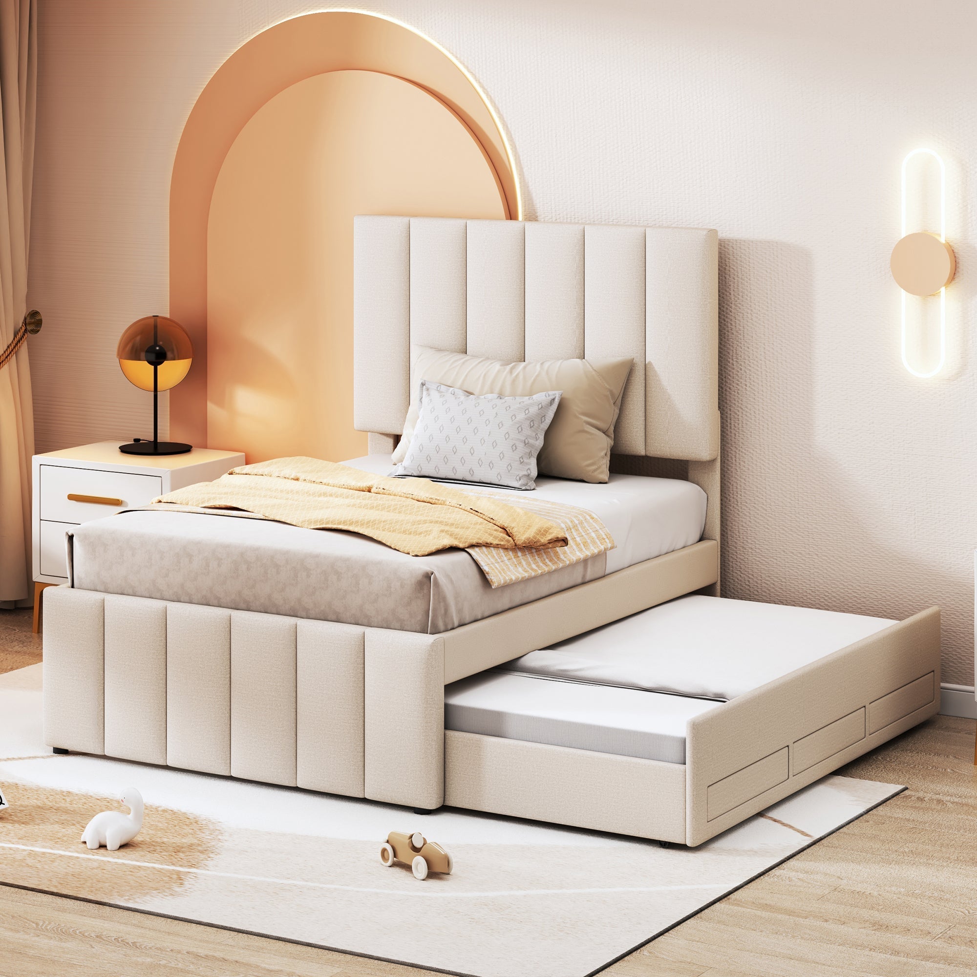 Upholstered Bed 90x200cm, Trundle & Storage, Linen Beige